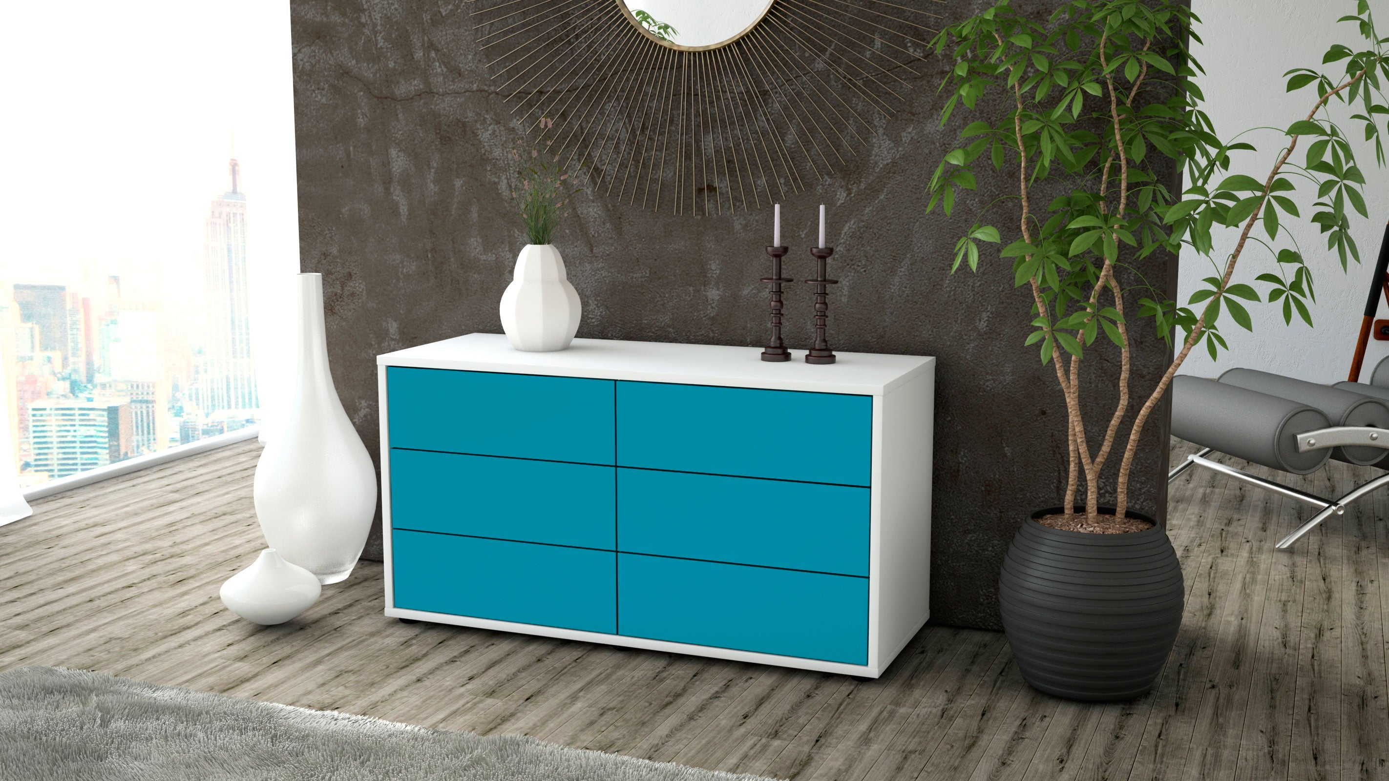Lowboard - Alfonsa - Design Farbakzent - Freistehend mit Push to Open 92 cm Weiss