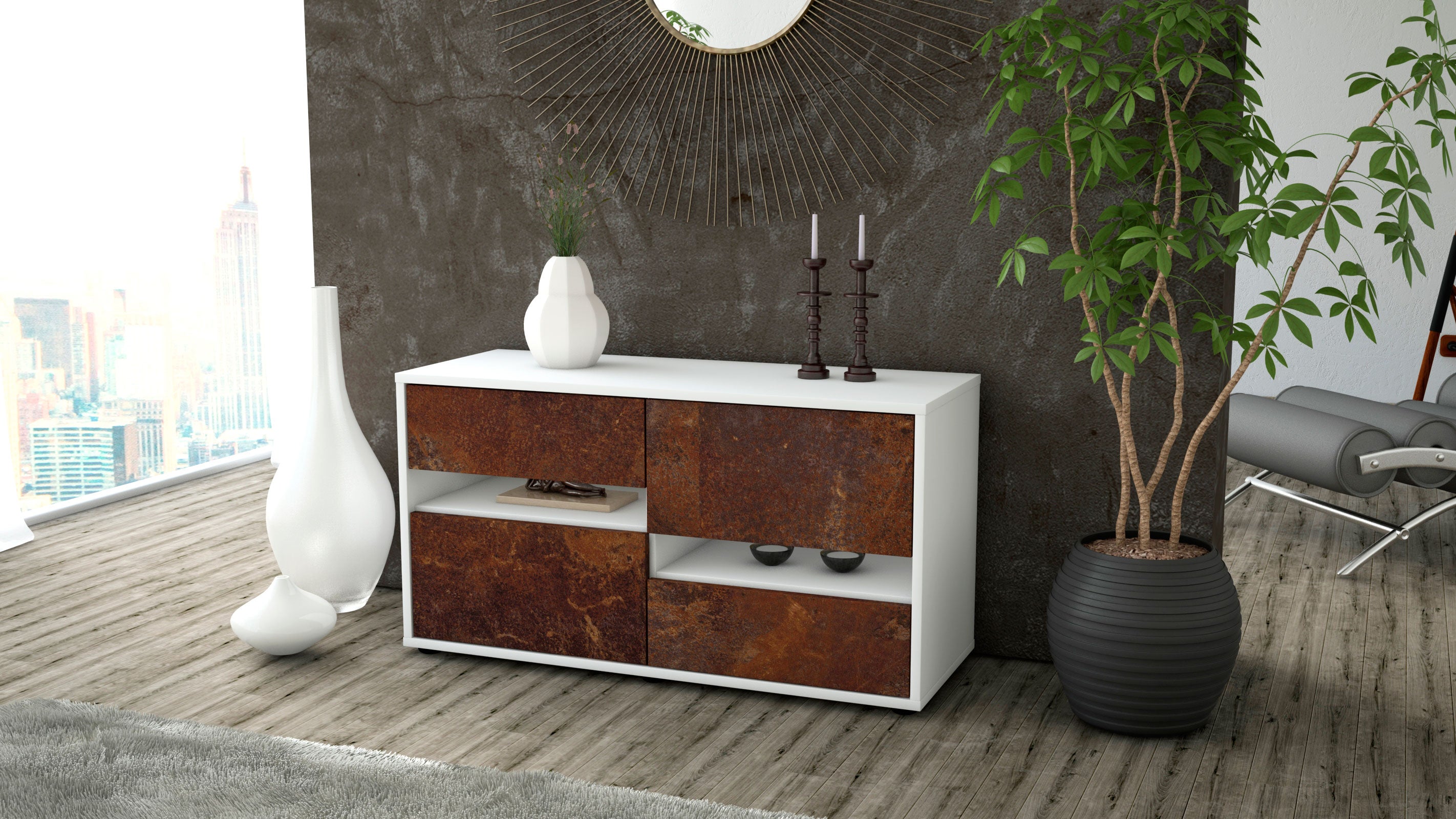 Lowboard - Alina - Design Industrie Stil - Freistehend mit Push to Open 92 cm Weiss