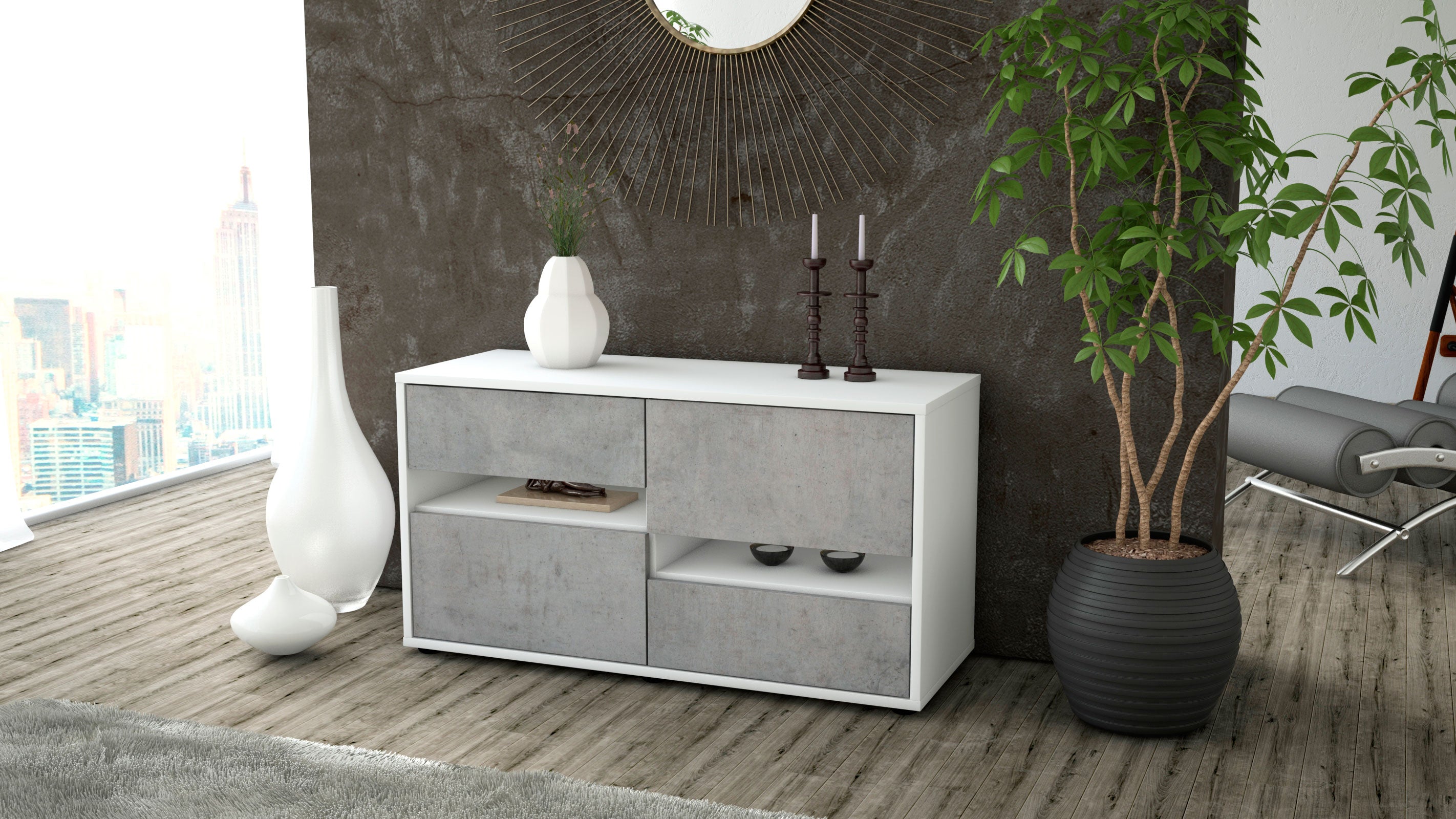 Lowboard - Alina - Design Industrie Stil - Freistehend mit Push to Open 92 cm Weiss