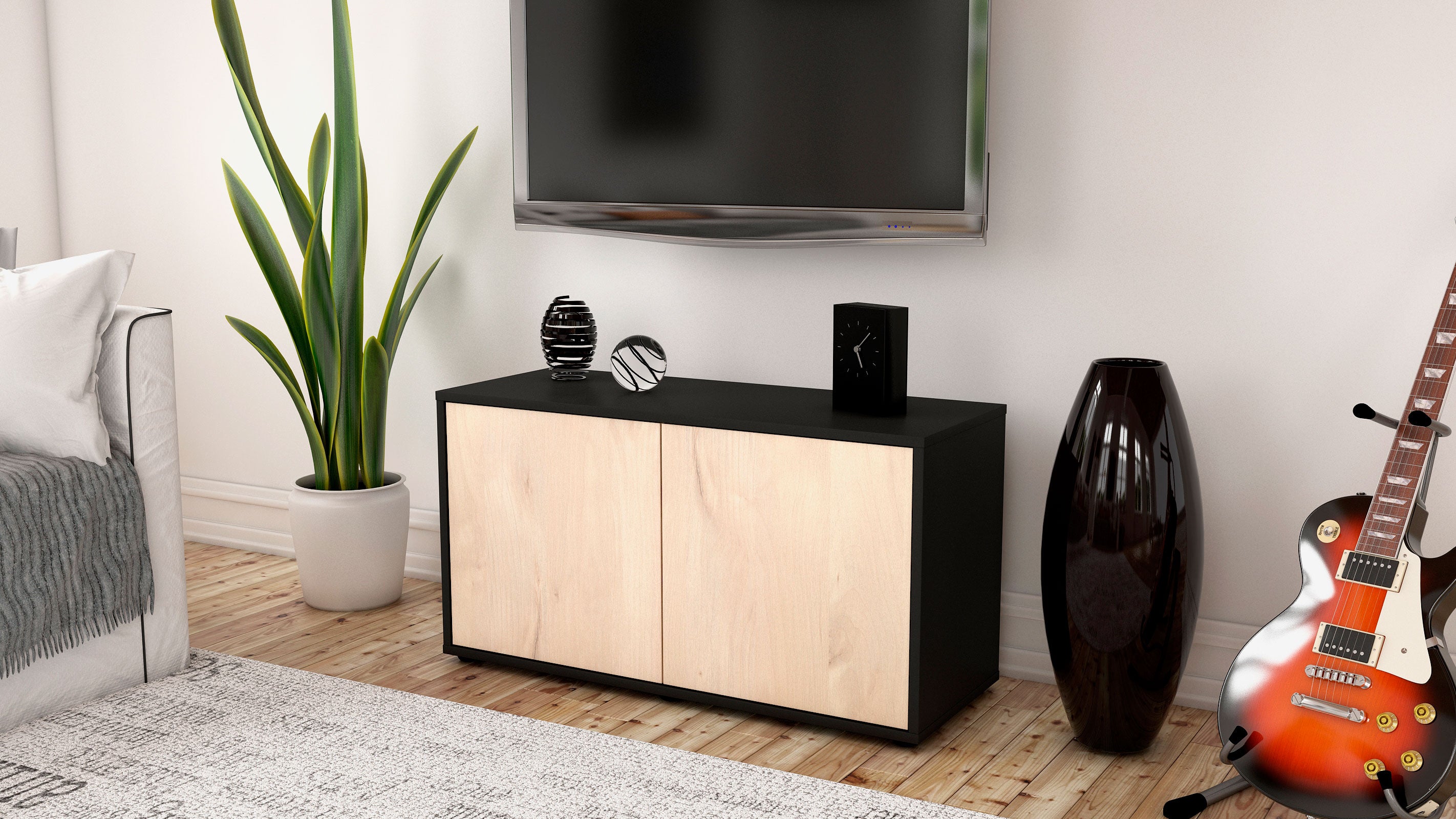 Lowboard - Ada - Design Holzdekor - Freistehend mit Push to Open 92 cm Anthrazit