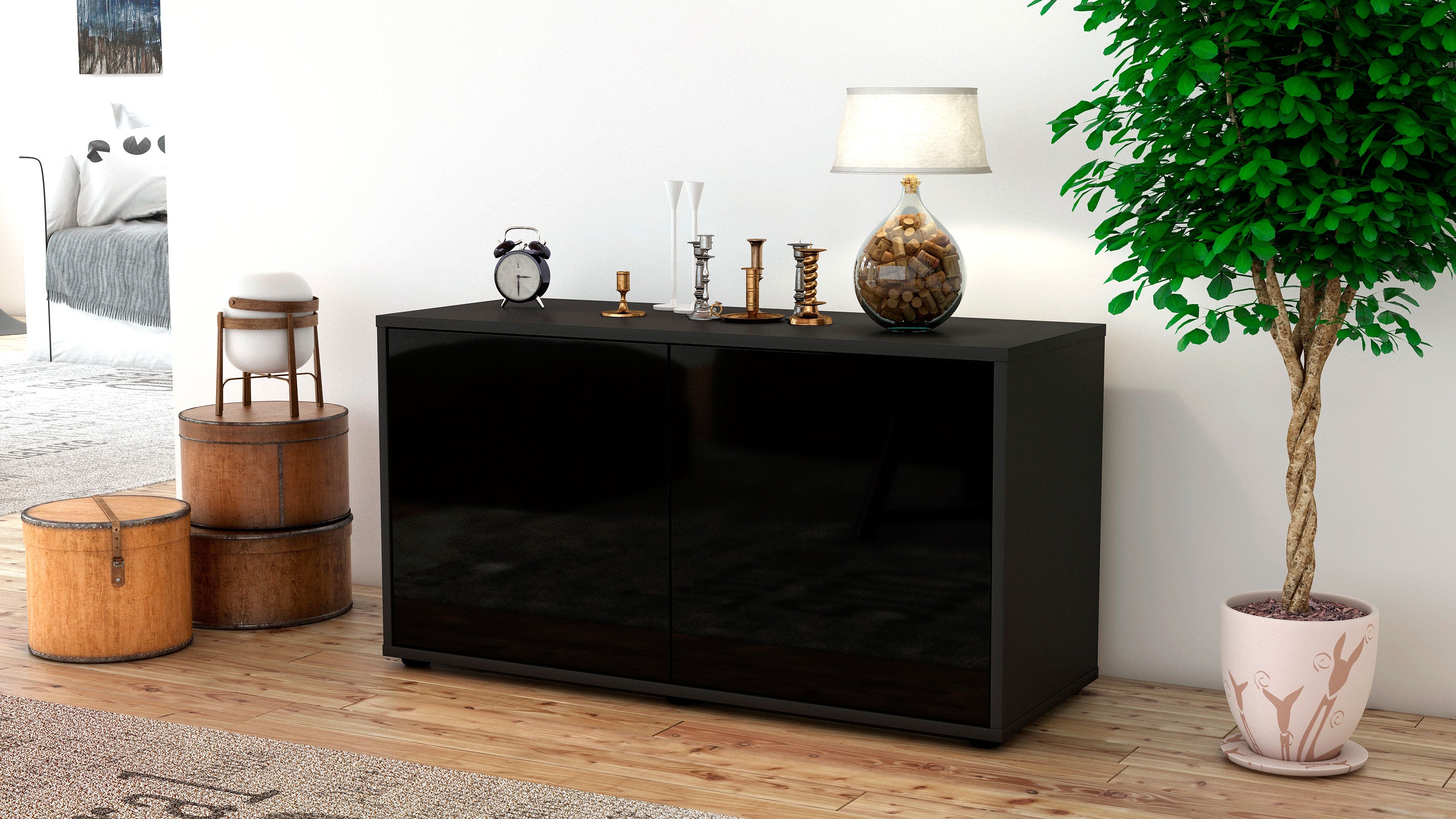 Lowboard - Ada - Design Hochglanz - Freistehend mit Push to Open 92 cm Anthrazit