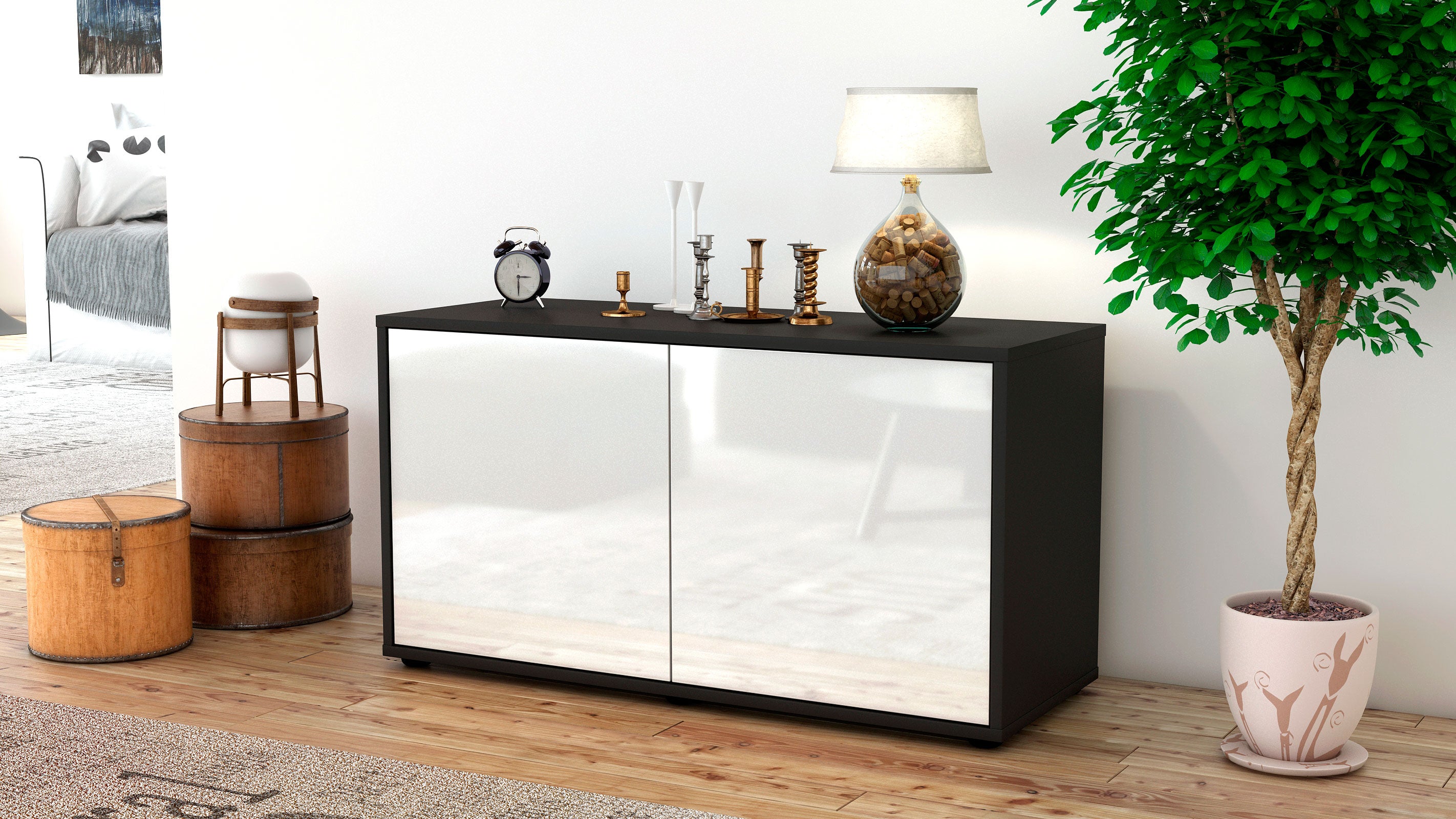 Lowboard - Ada - Design Hochglanz - Freistehend mit Push to Open 92 cm Anthrazit