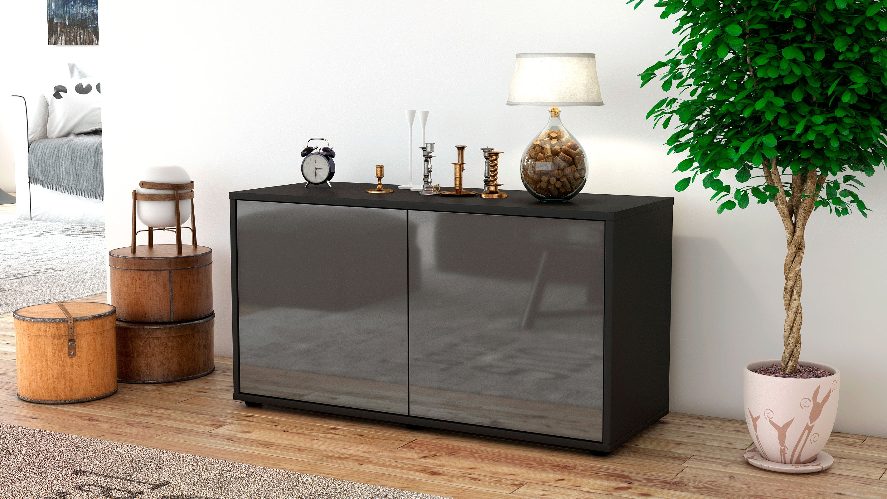 Lowboard - Ada - Design Hochglanz - Freistehend mit Push to Open 92 cm Anthrazit