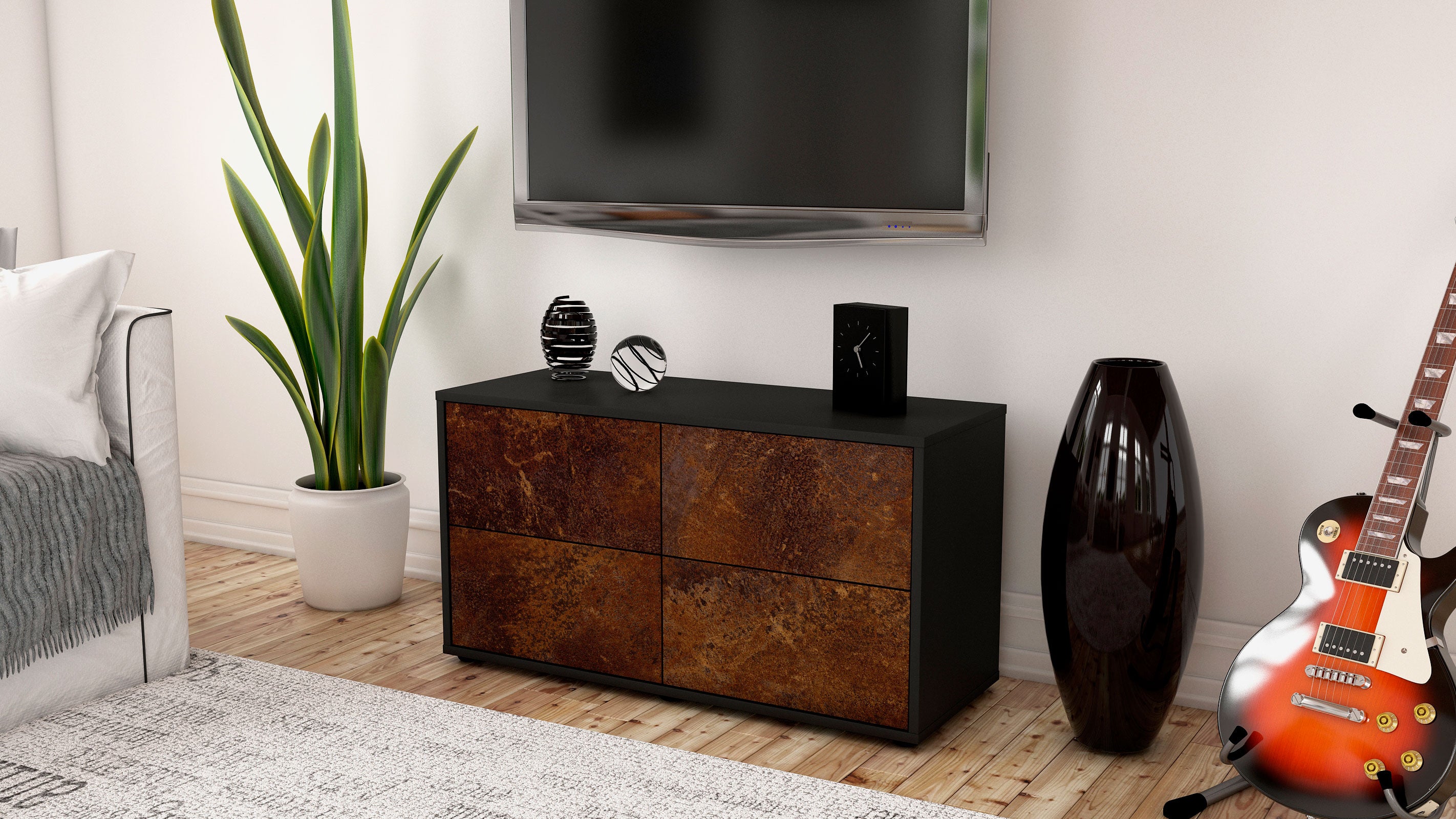 Lowboard - Aella - Design Industrie Stil - Freistehend mit Push to Open 92 cm Anthrazit