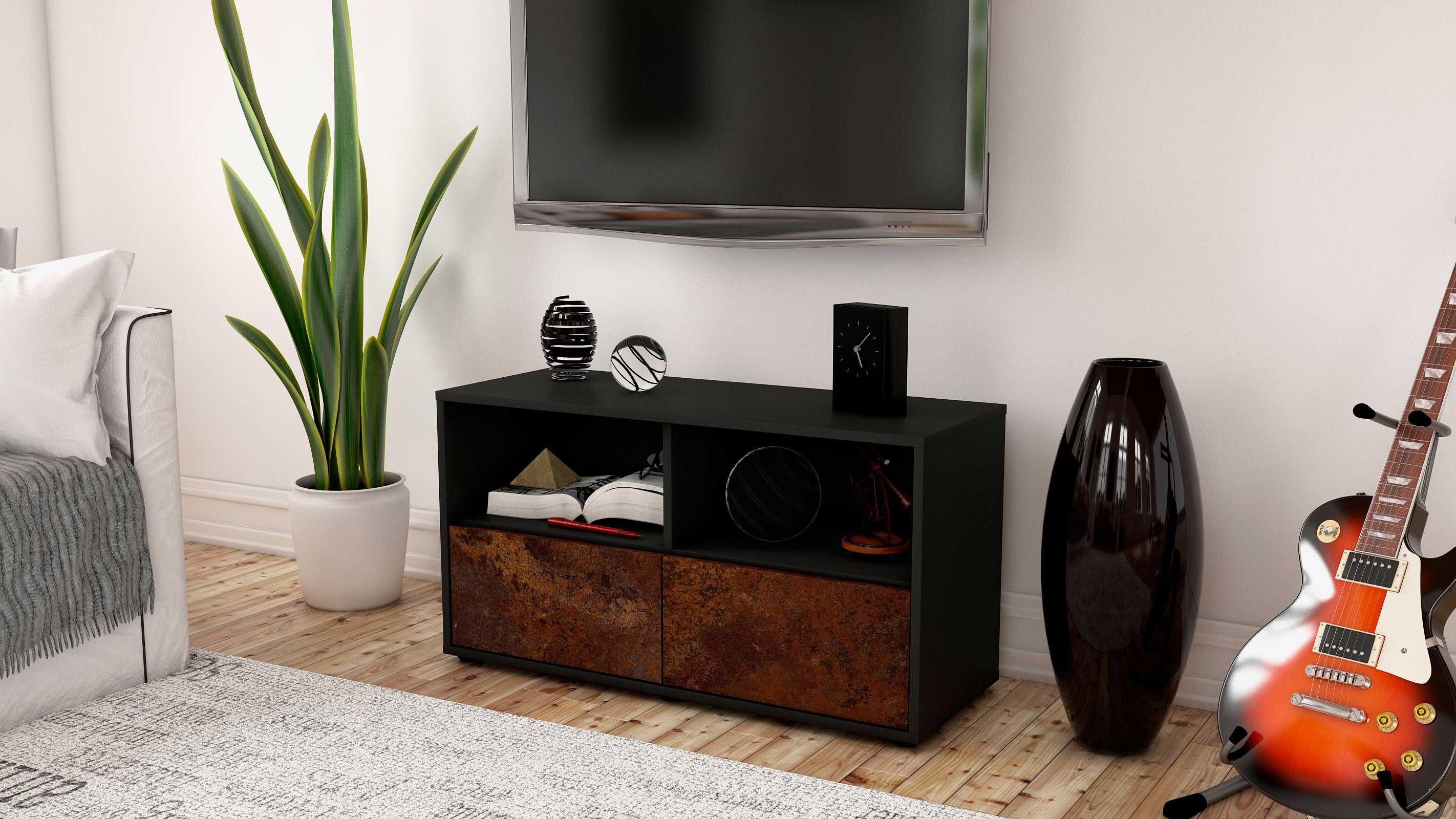 Lowboard - Aeon - Design Industrie Stil - Freistehend mit Push to Open 92 cm Anthrazit