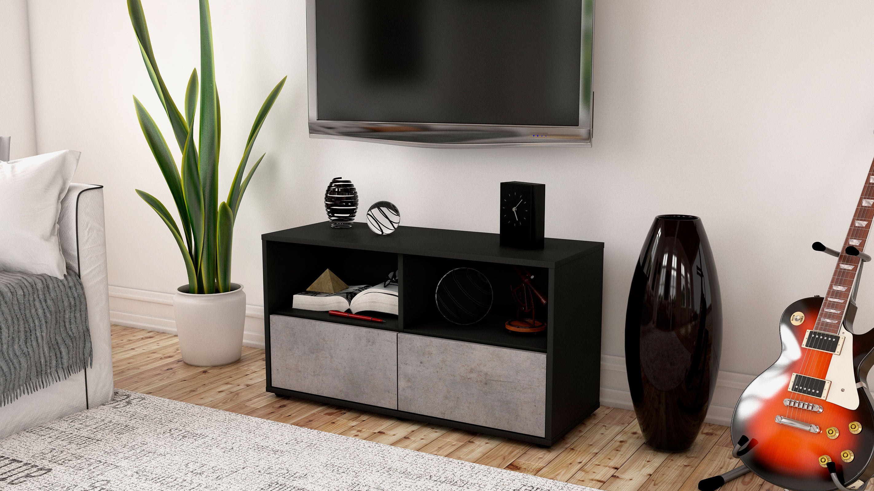 Lowboard - Aeon - Design Industrie Stil - Freistehend mit Push to Open 92 cm Anthrazit