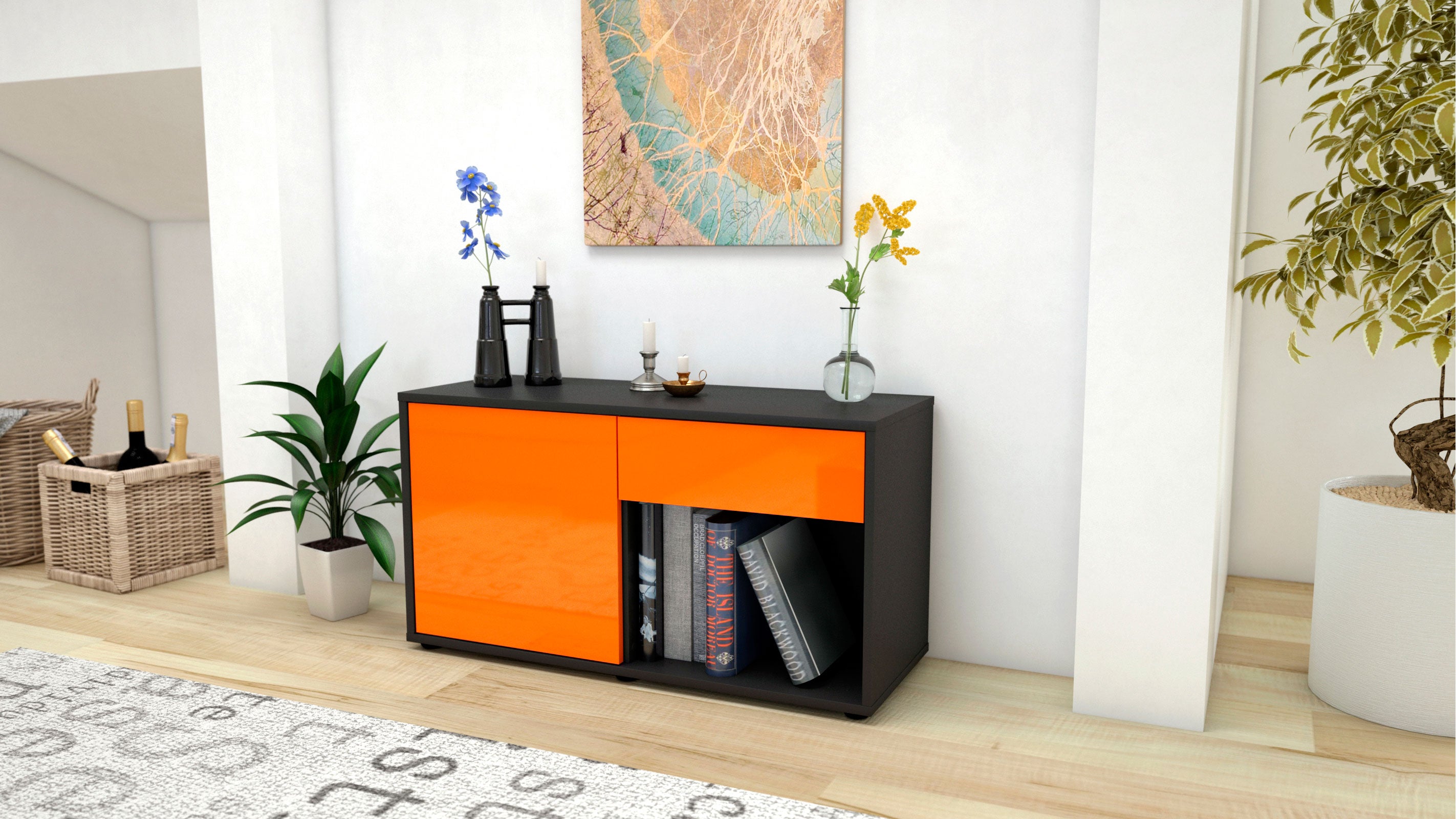 Lowboard - Alberina - Design Hochglanz - Freistehend mit Push to Open 92 cm Anthrazit