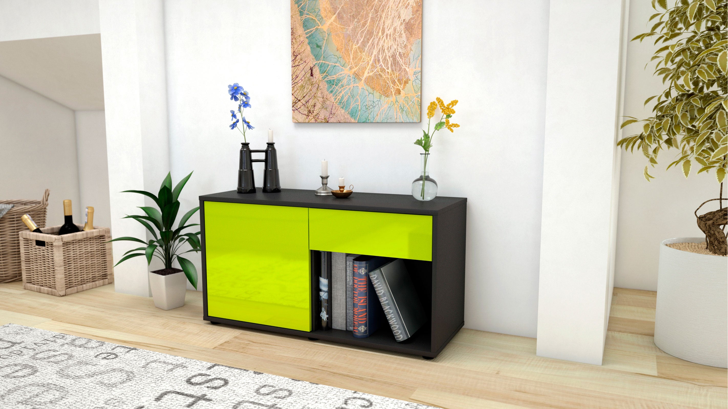 Lowboard - Alberina - Design Hochglanz - Freistehend mit Push to Open 92 cm Anthrazit