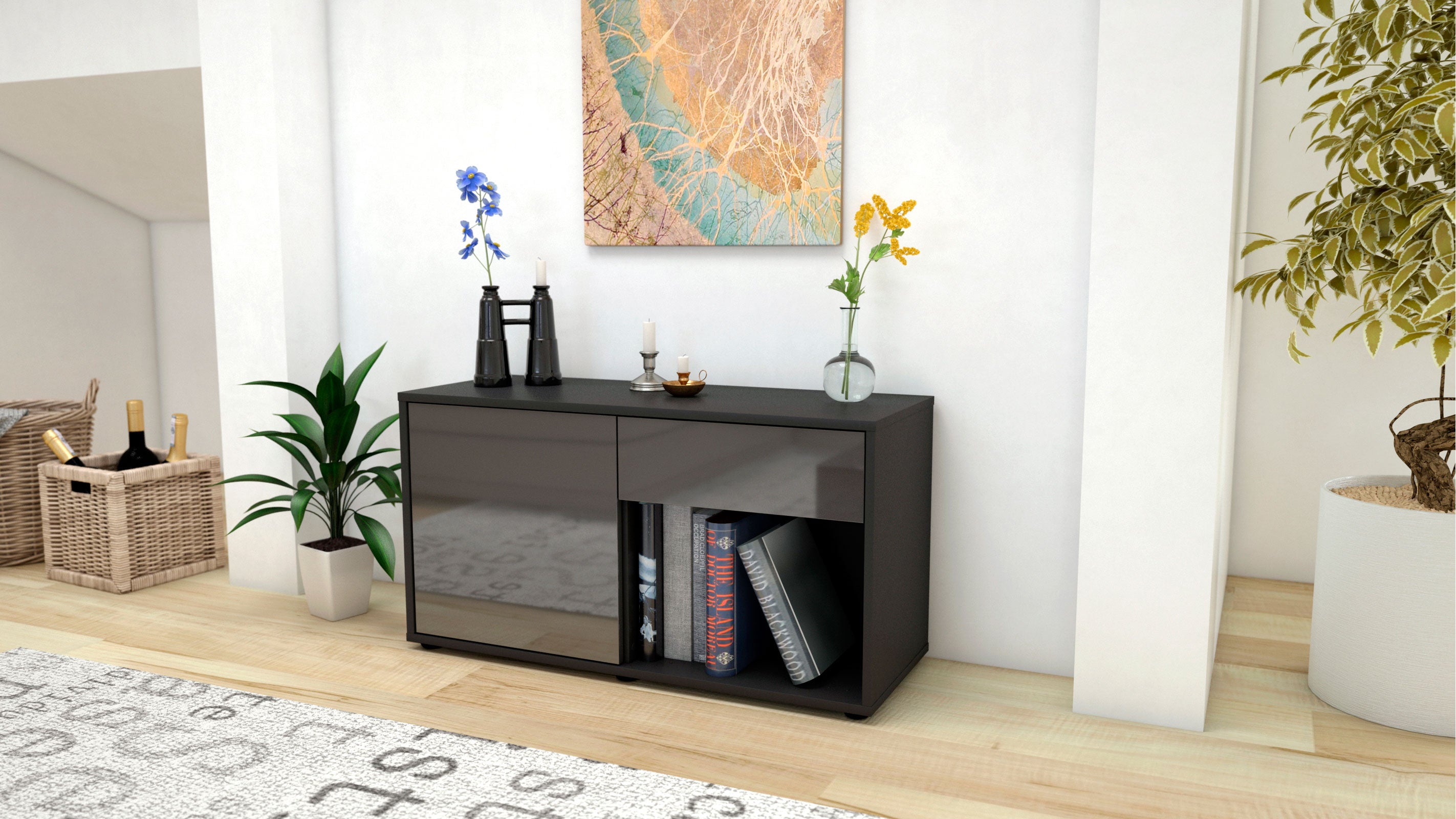 Lowboard - Alberina - Design Hochglanz - Freistehend mit Push to Open 92 cm Anthrazit