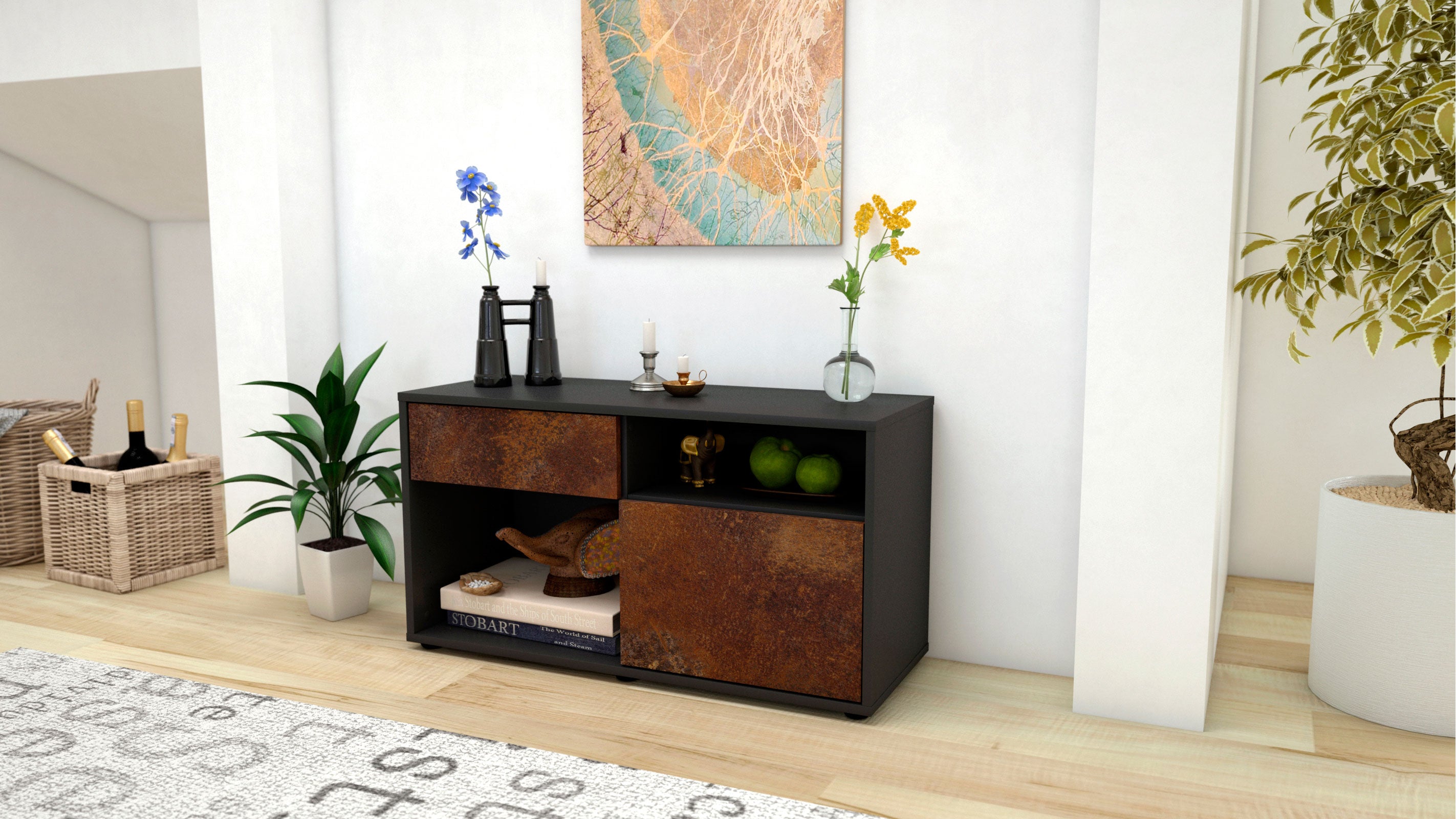 Lowboard - Albina - Design Industrie Stil - Freistehend mit Push to Open 92 cm Anthrazit