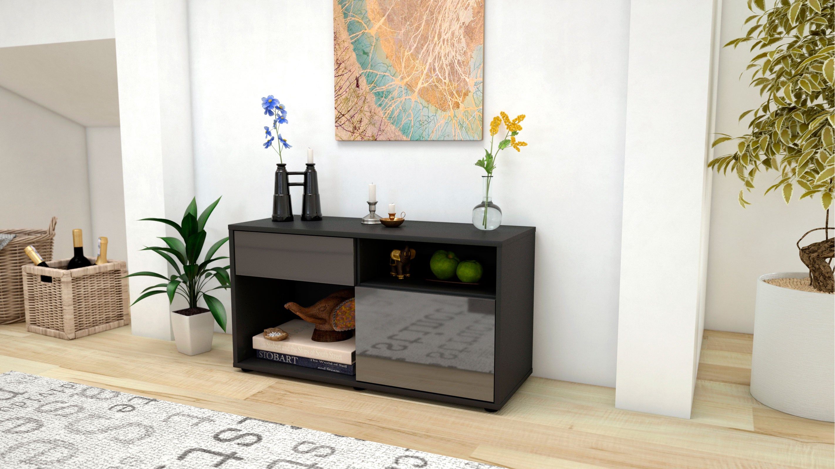Lowboard - Albina - Design Hochglanz - Freistehend mit Push to Open 92 cm Anthrazit