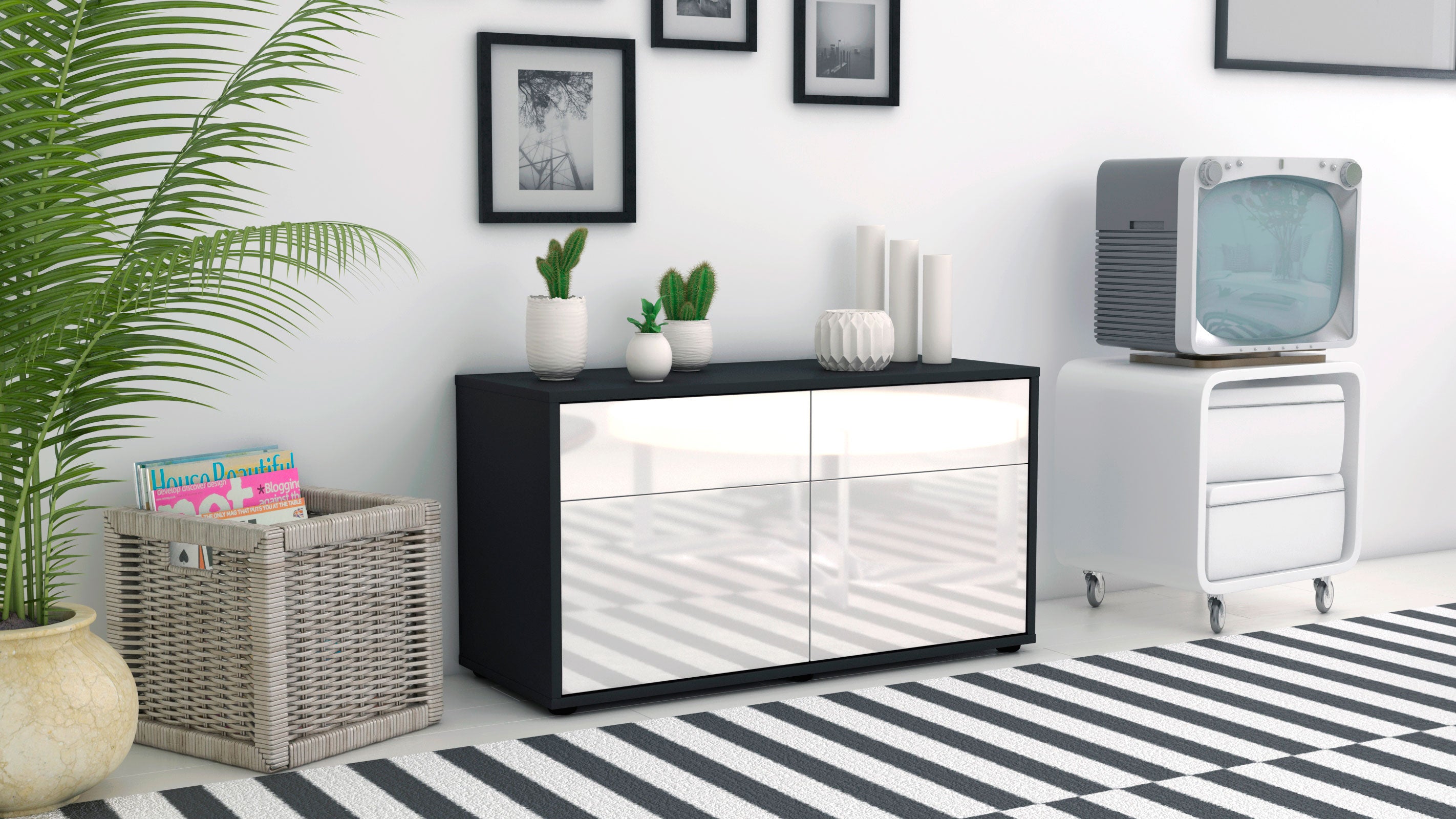 Lowboard - Alena - Design Hochglanz - Freistehend mit Push to Open 92 cm Anthrazit