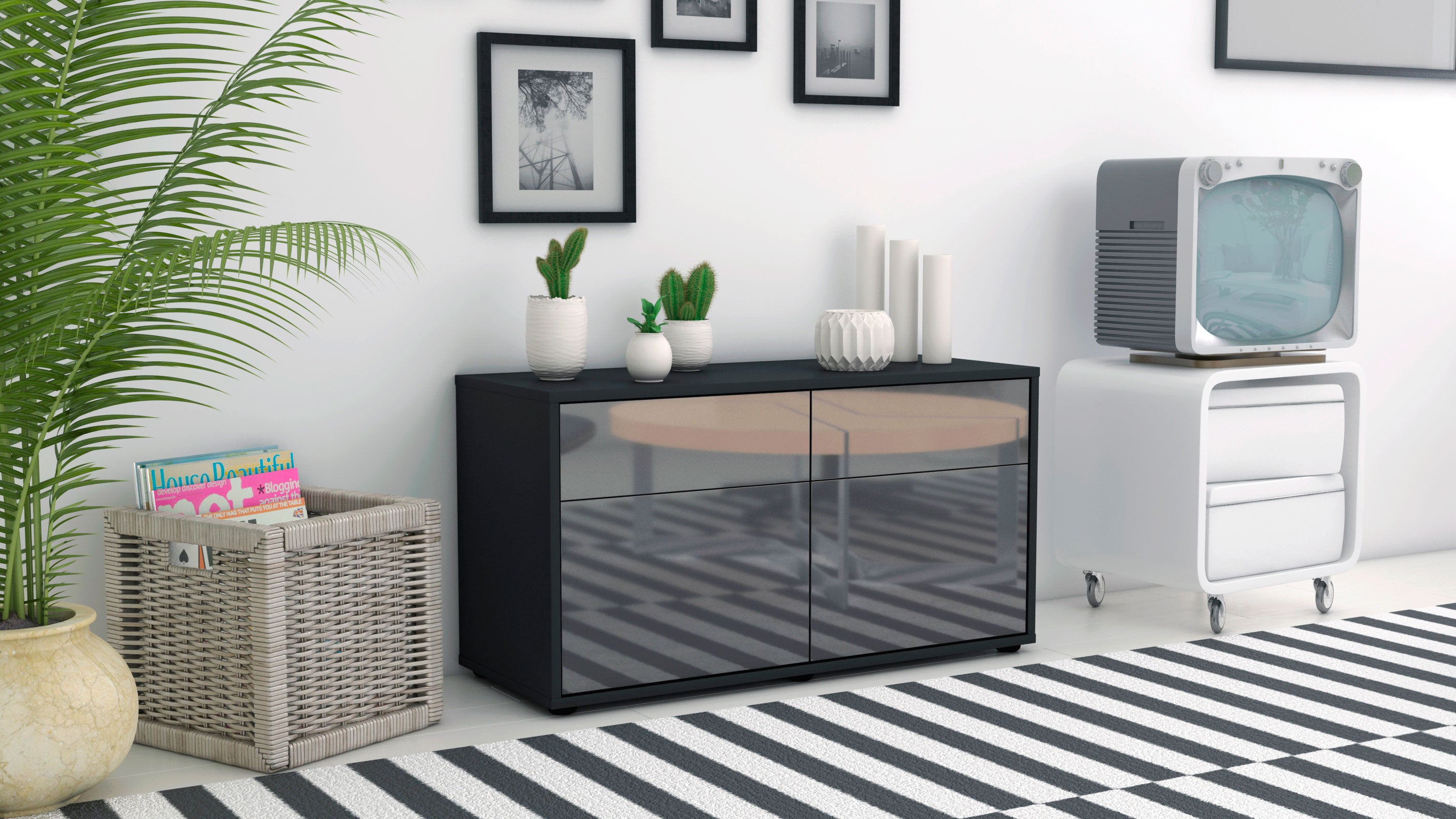 Lowboard - Alena - Design Hochglanz - Freistehend mit Push to Open 92 cm Anthrazit