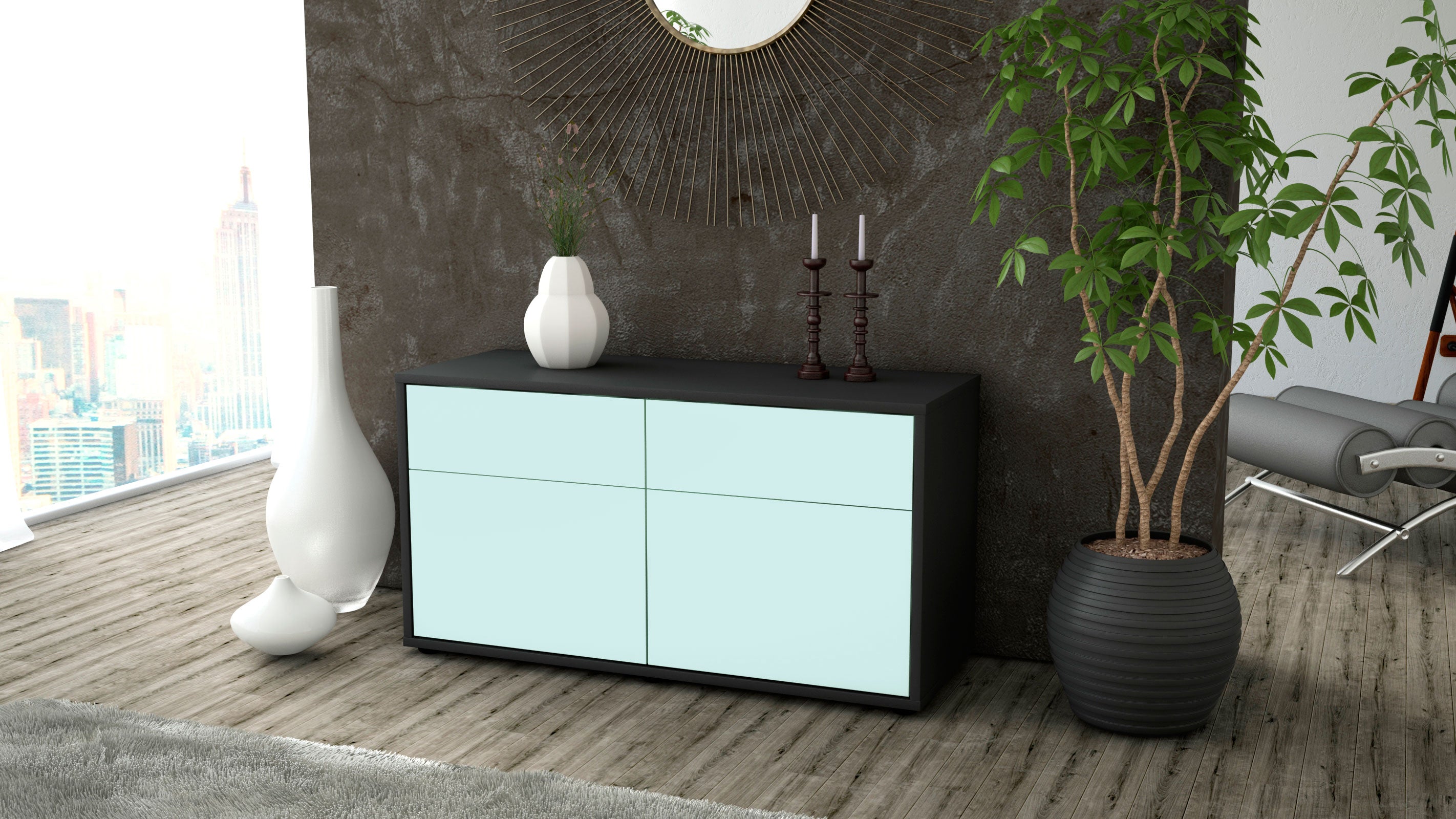 Lowboard - Alena - Design Farbakzent - Freistehend mit Push to Open 92 cm Anthrazit