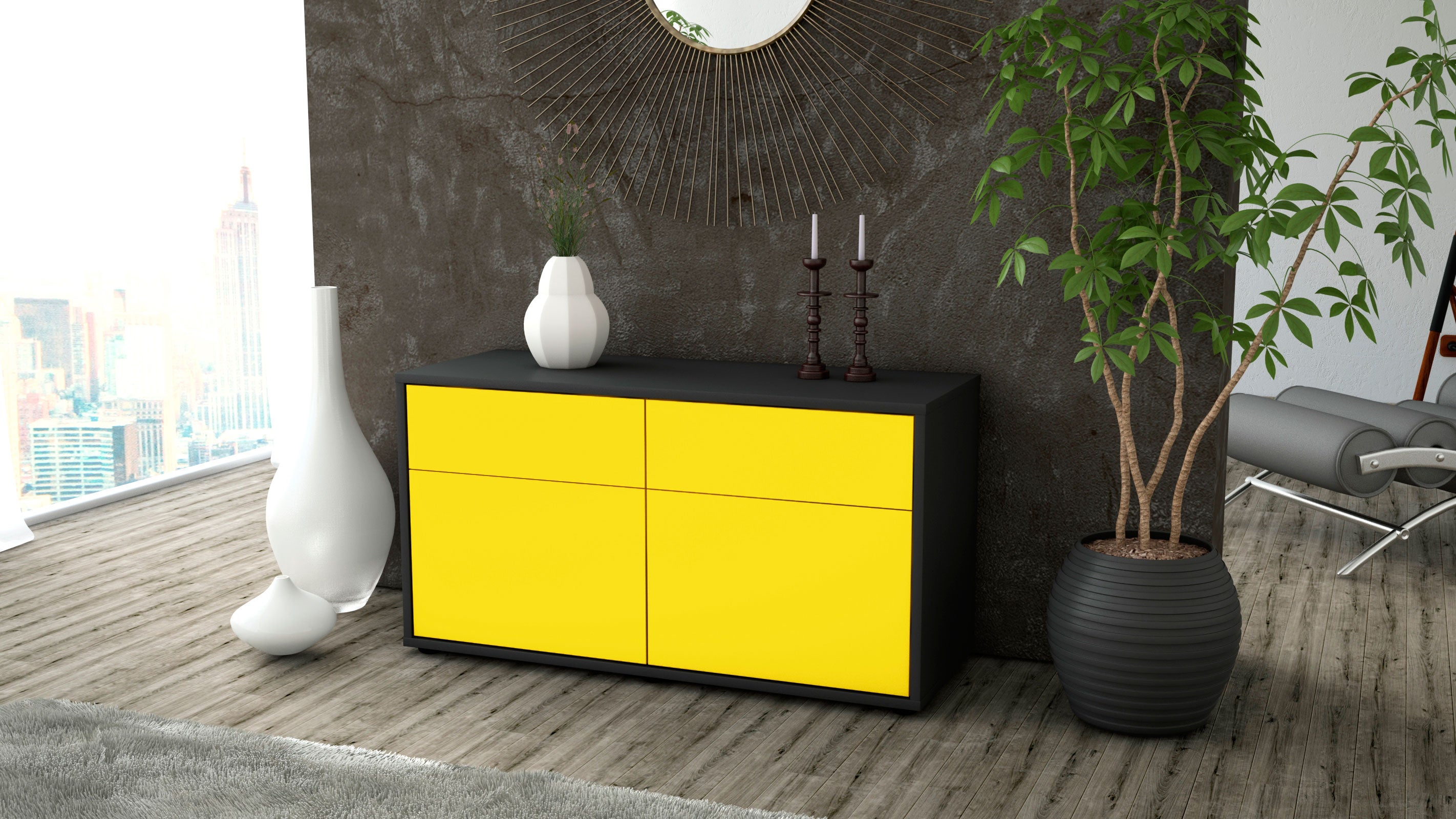 Lowboard - Alena - Design Farbakzent - Freistehend mit Push to Open 92 cm Anthrazit