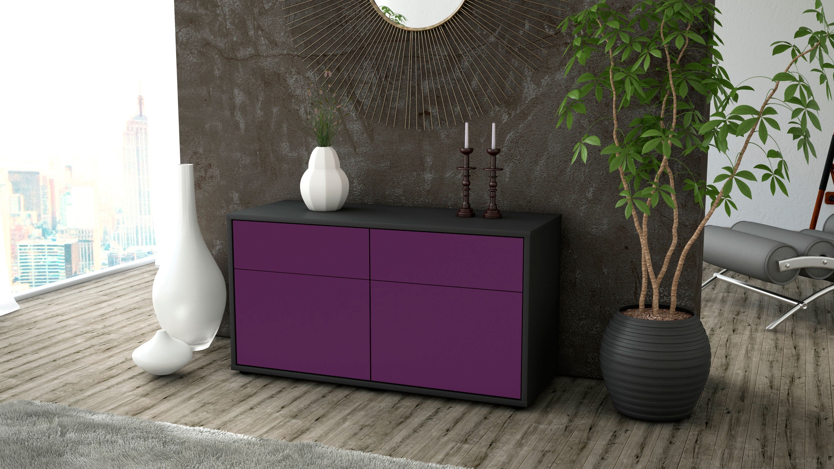 Lowboard - Alena - Design Farbakzent - Freistehend mit Push to Open 92 cm Anthrazit