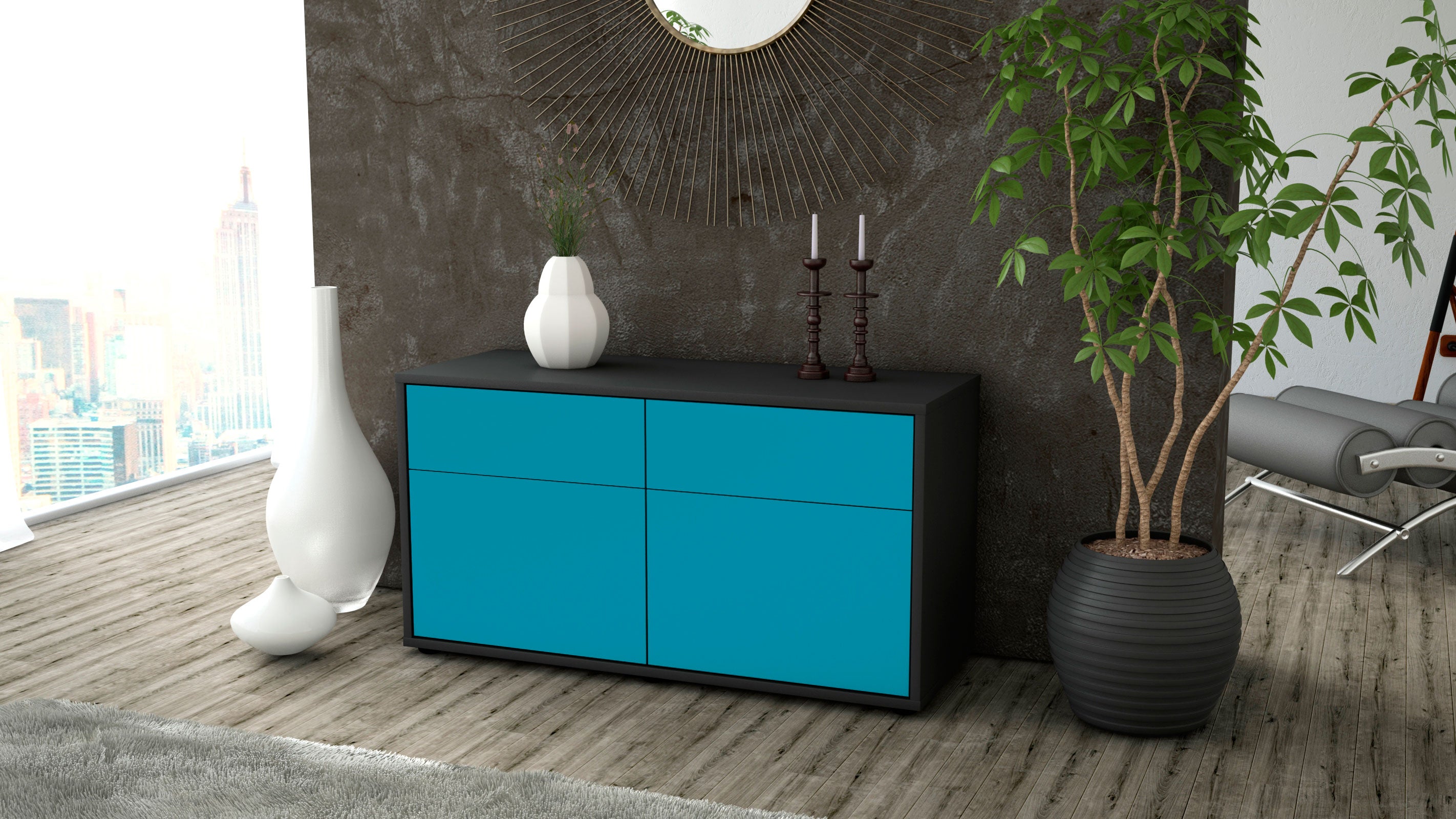 Lowboard - Alena - Design Farbakzent - Freistehend mit Push to Open 92 cm Anthrazit