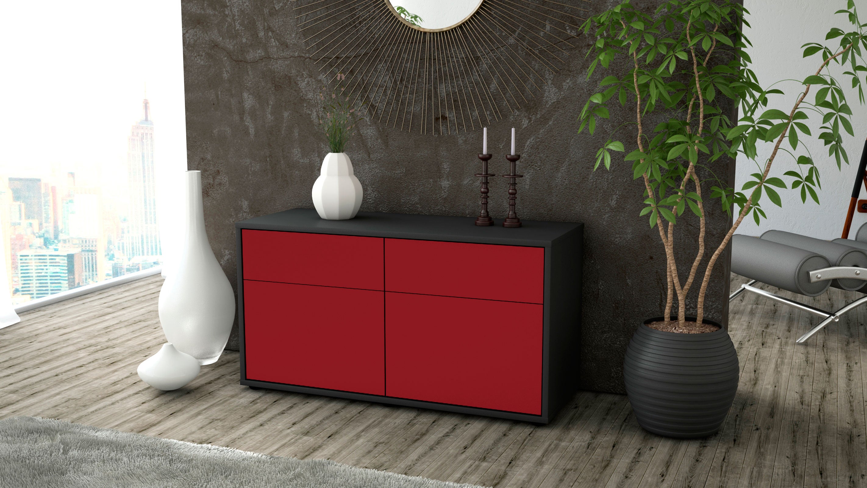Lowboard - Alena - Design Farbakzent - Freistehend mit Push to Open 92 cm Anthrazit