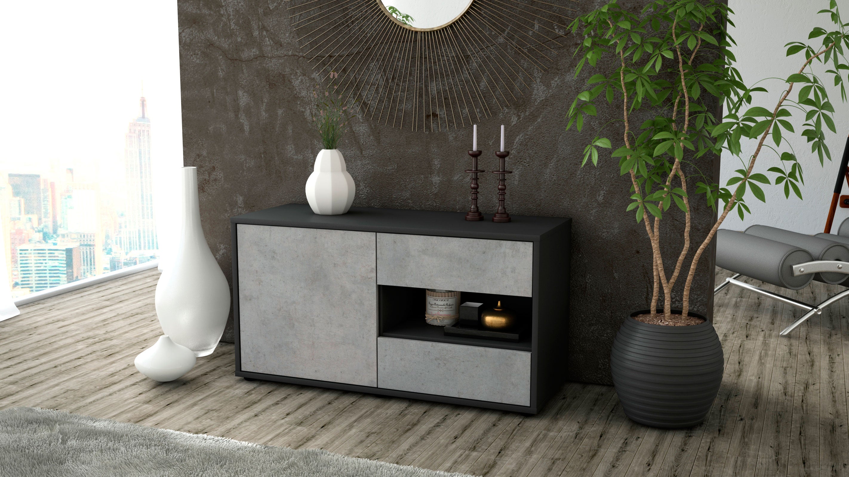 Lowboard - Aleyna - Design Industrie Stil - Freistehend mit Push to Open 92 cm Anthrazit