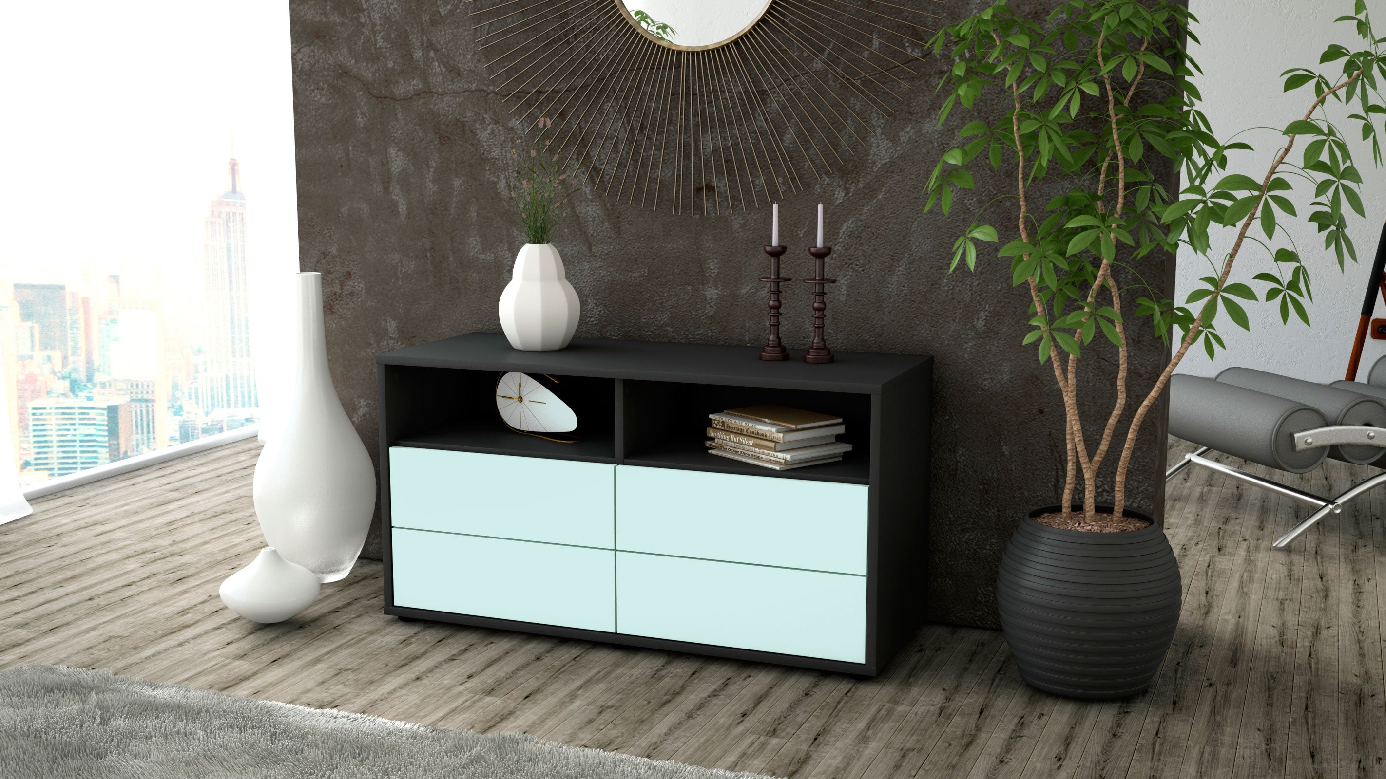 Lowboard - Alia - Design Farbakzent - Freistehend mit Push to Open 92 cm Anthrazit
