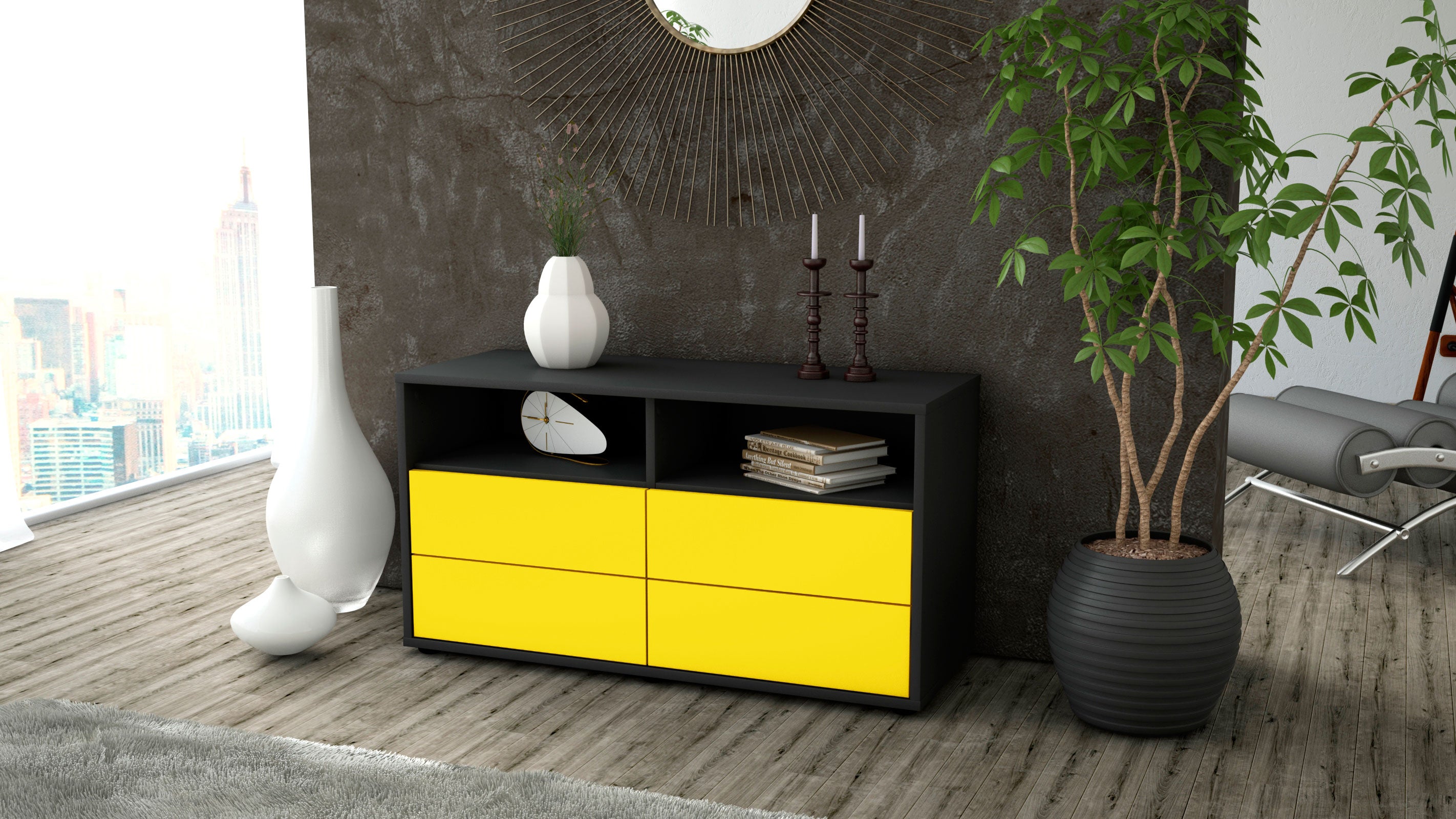 Lowboard - Alia - Design Farbakzent - Freistehend mit Push to Open 92 cm Anthrazit