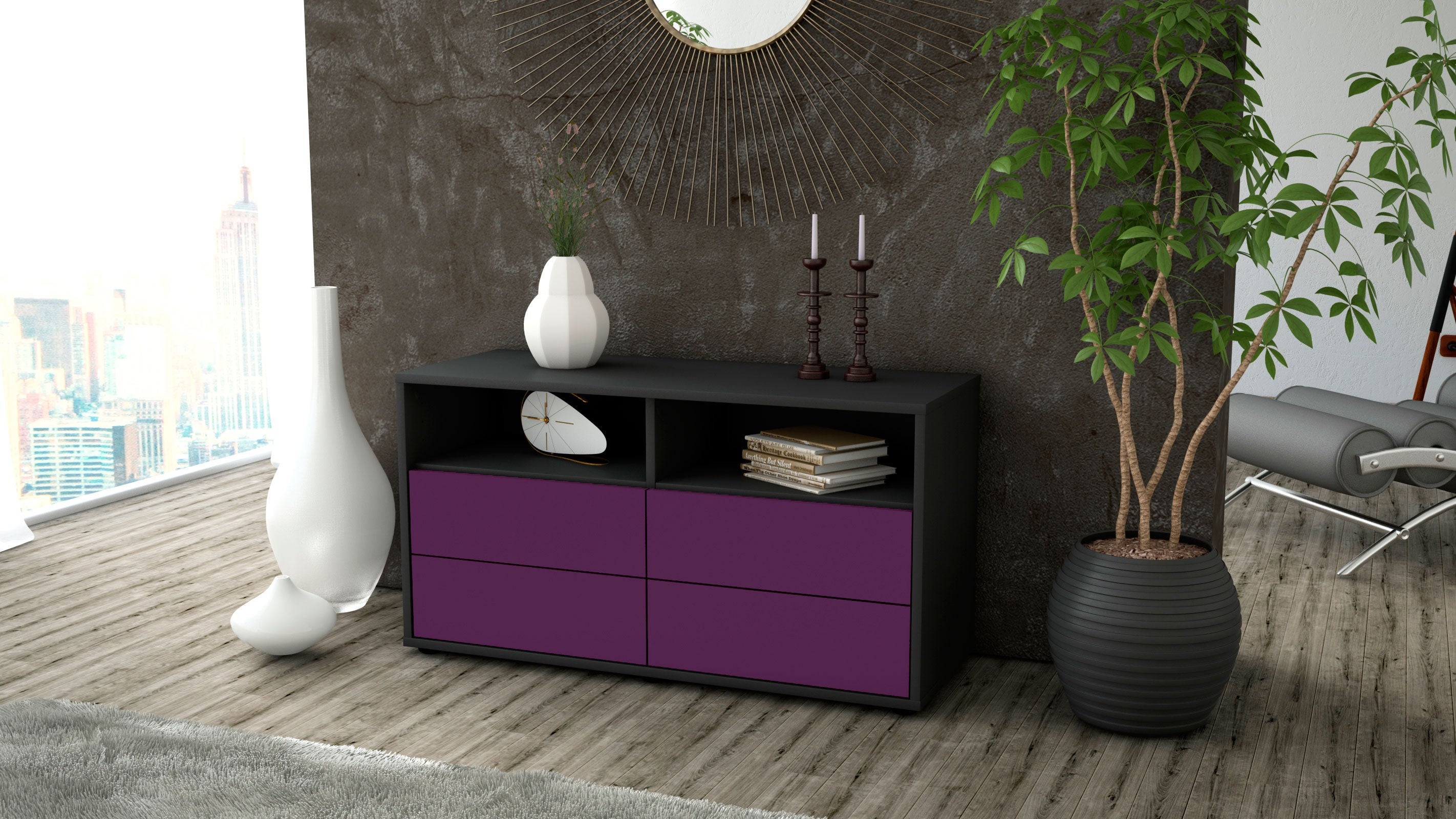 Lowboard - Alia - Design Farbakzent - Freistehend mit Push to Open 92 cm Anthrazit
