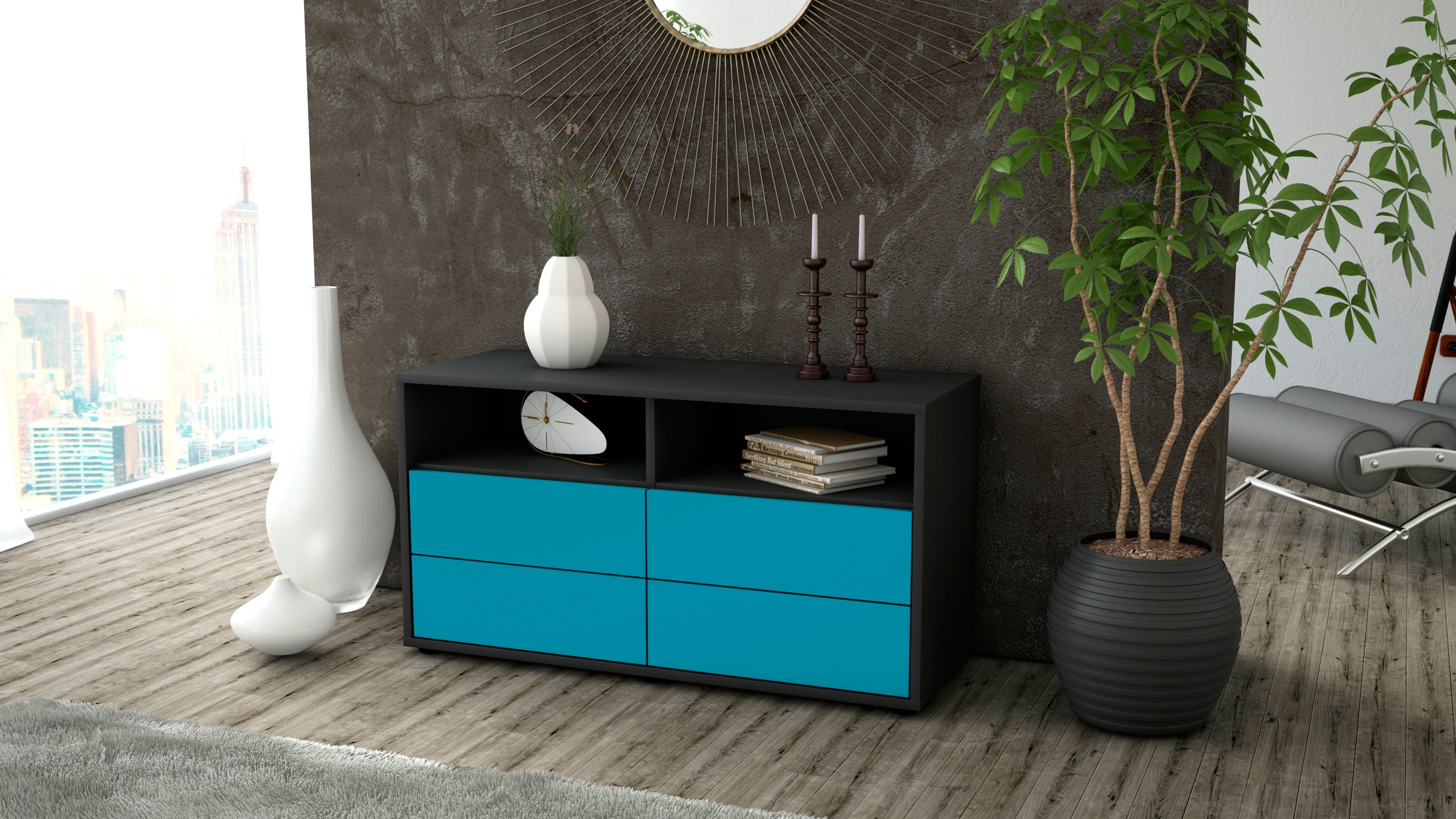 Lowboard - Alia - Design Farbakzent - Freistehend mit Push to Open 92 cm Anthrazit