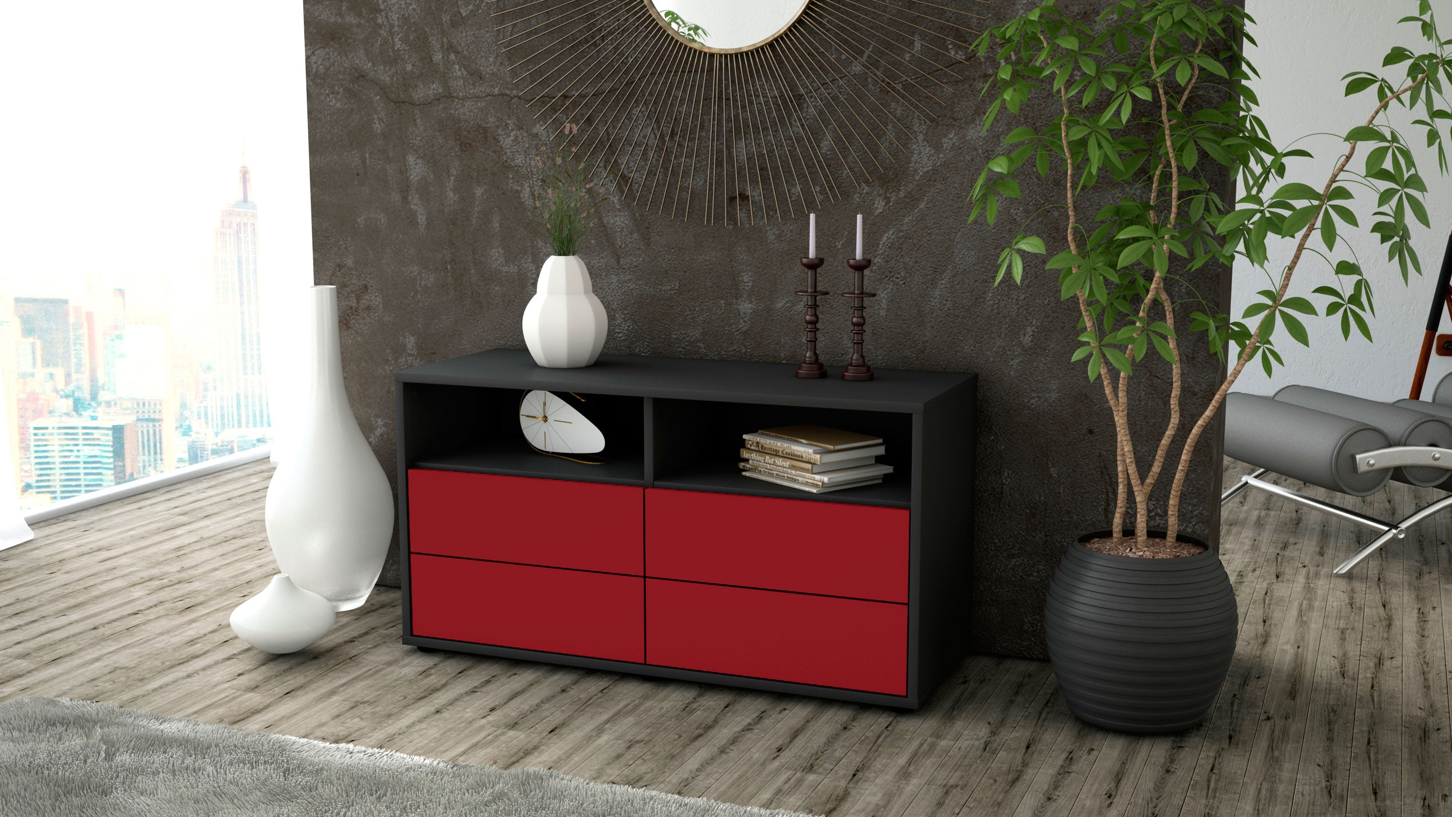 Lowboard - Alia - Design Farbakzent - Freistehend mit Push to Open 92 cm Anthrazit
