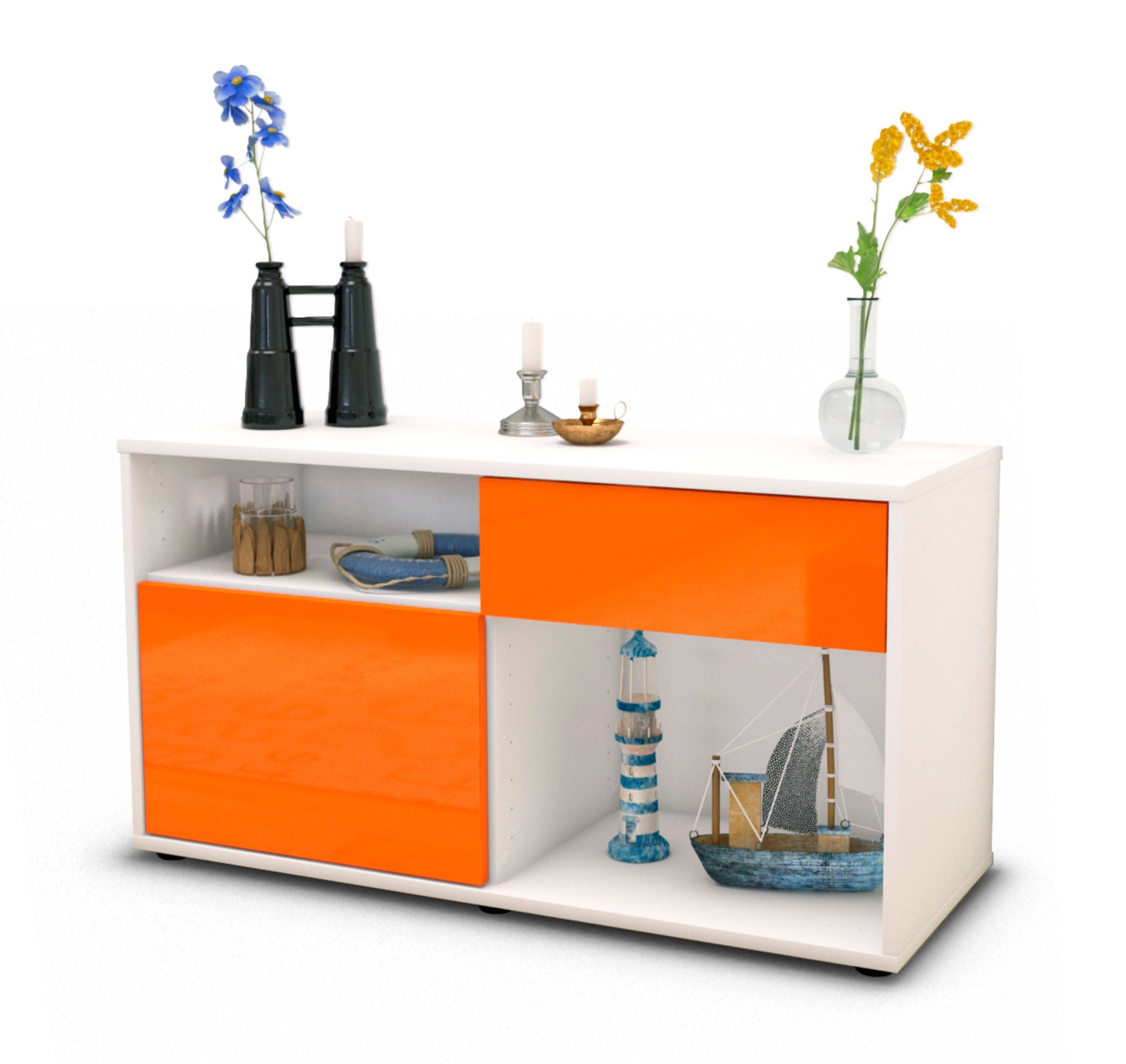 Lowboard - Alecia - Design Hochglanz - Freistehend mit Push to Open 92 cm Weiss