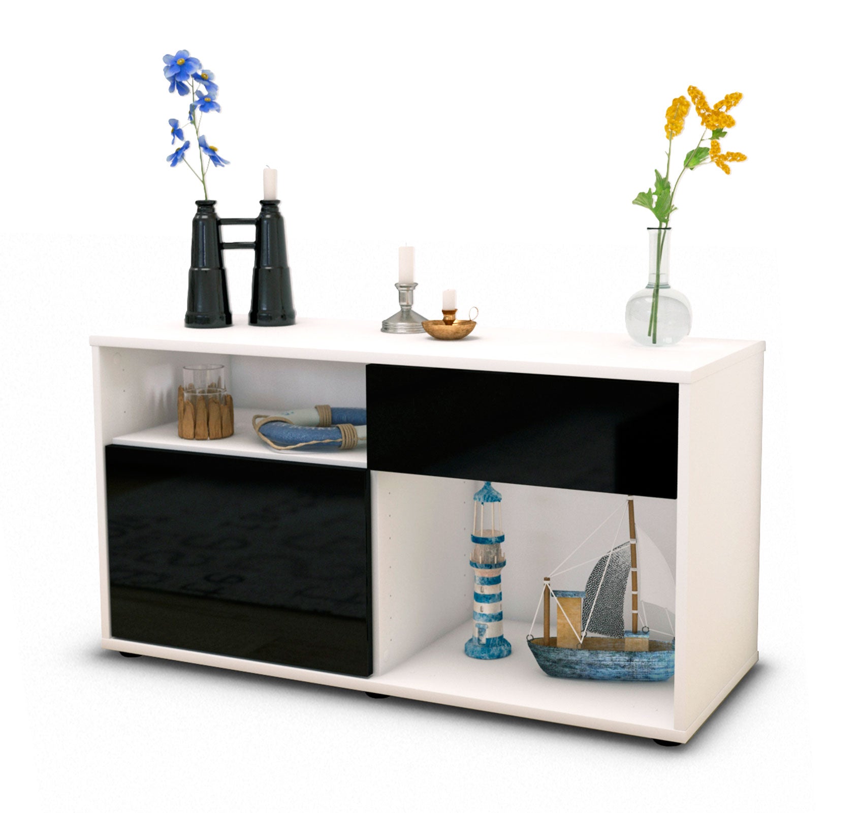 Lowboard - Alecia - Design Hochglanz - Freistehend mit Push to Open 92 cm Weiss