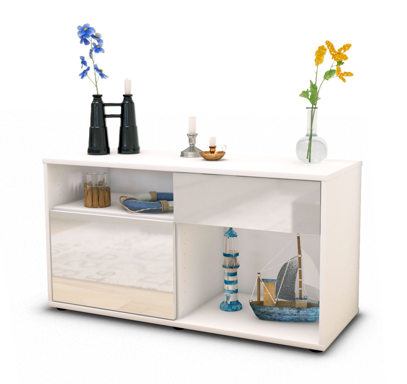 Lowboard - Alecia - Design Hochglanz - Freistehend mit Push to Open 92 cm Weiss