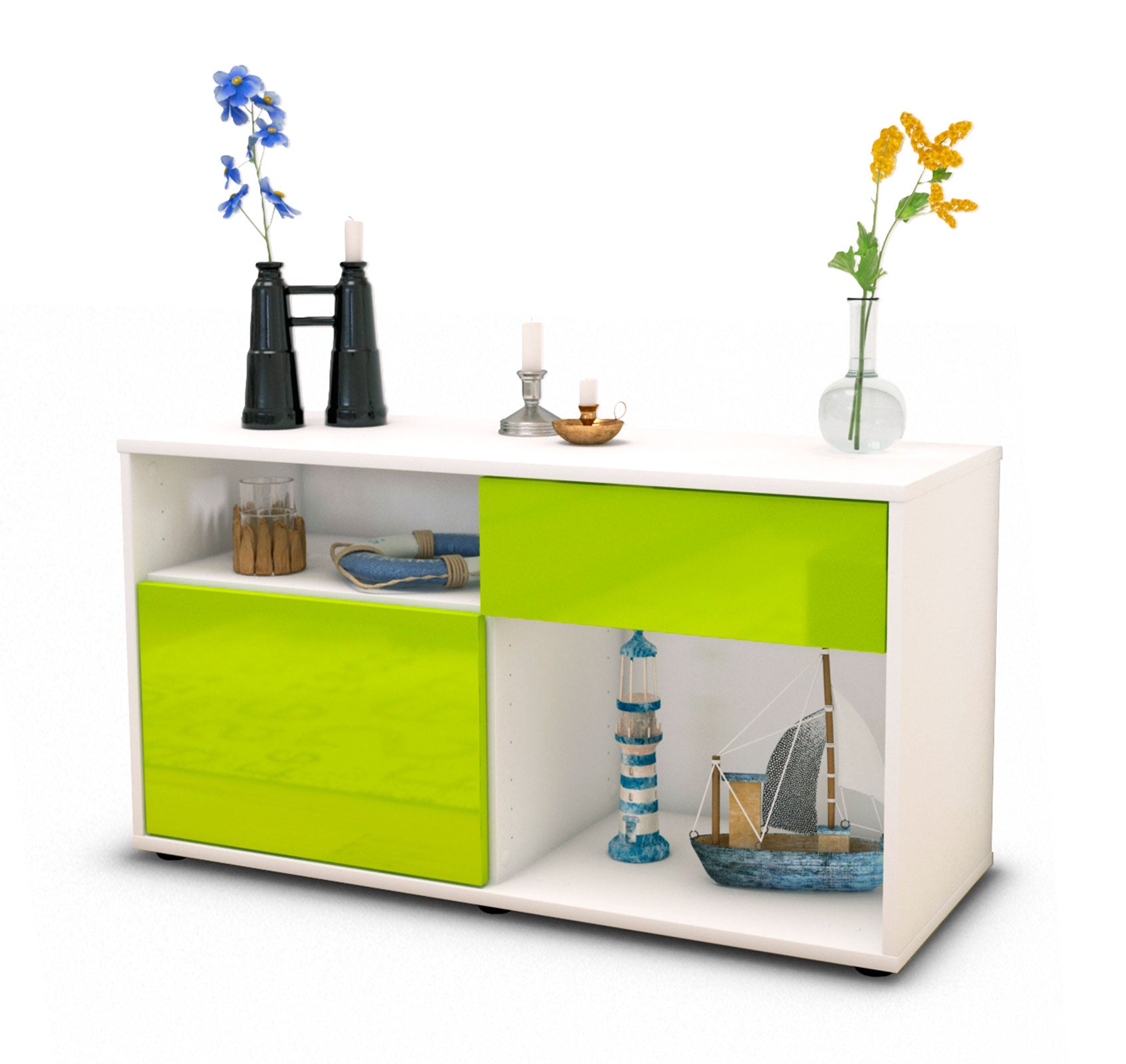 Lowboard - Alecia - Design Hochglanz - Freistehend mit Push to Open 92 cm Weiss