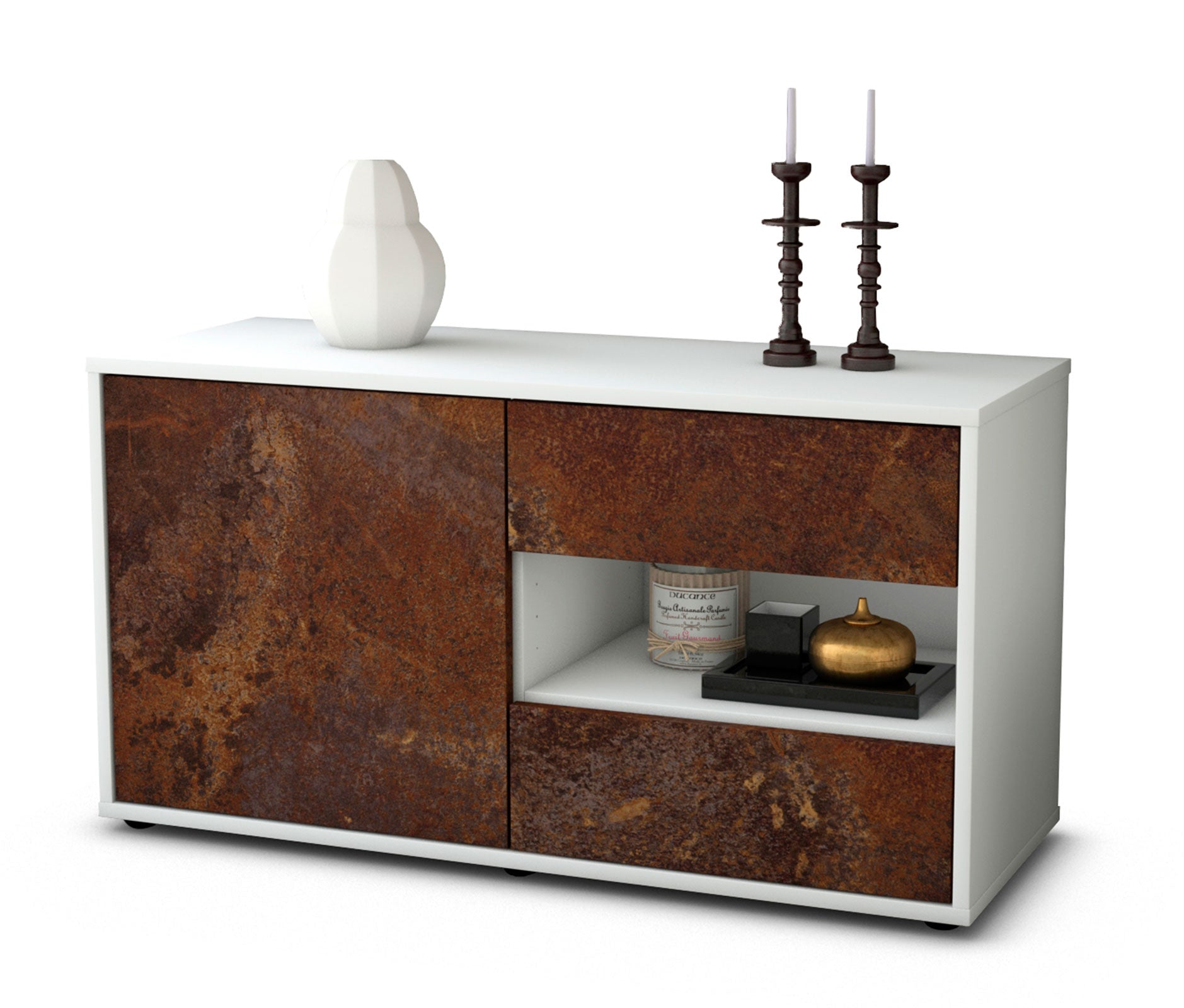 Lowboard - Aleyna - Design Industrie Stil - Freistehend mit Push to Open 92 cm Weiss