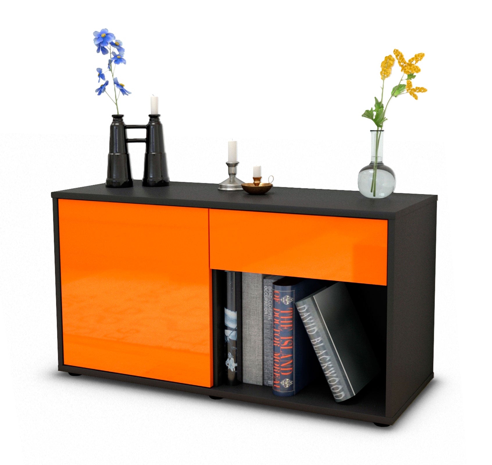 Lowboard - Alberina - Design Hochglanz - Freistehend mit Push to Open 92 cm Anthrazit