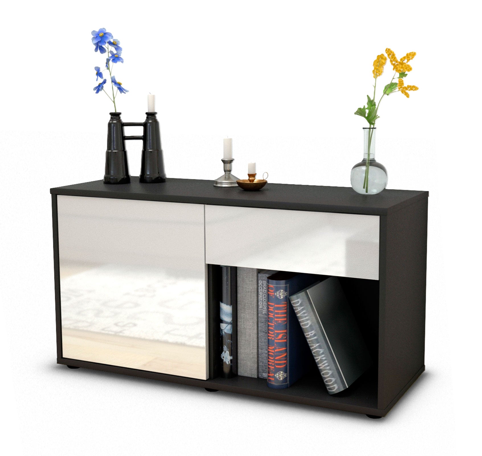 Lowboard - Alberina - Design Hochglanz - Freistehend mit Push to Open 92 cm Anthrazit
