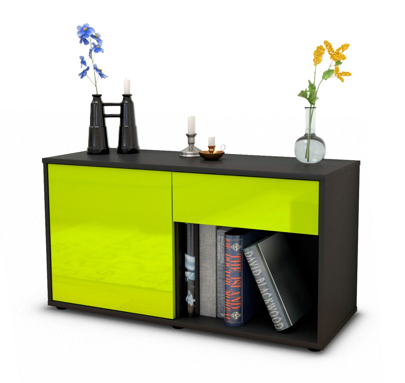 Lowboard - Alberina - Design Hochglanz - Freistehend mit Push to Open 92 cm Anthrazit