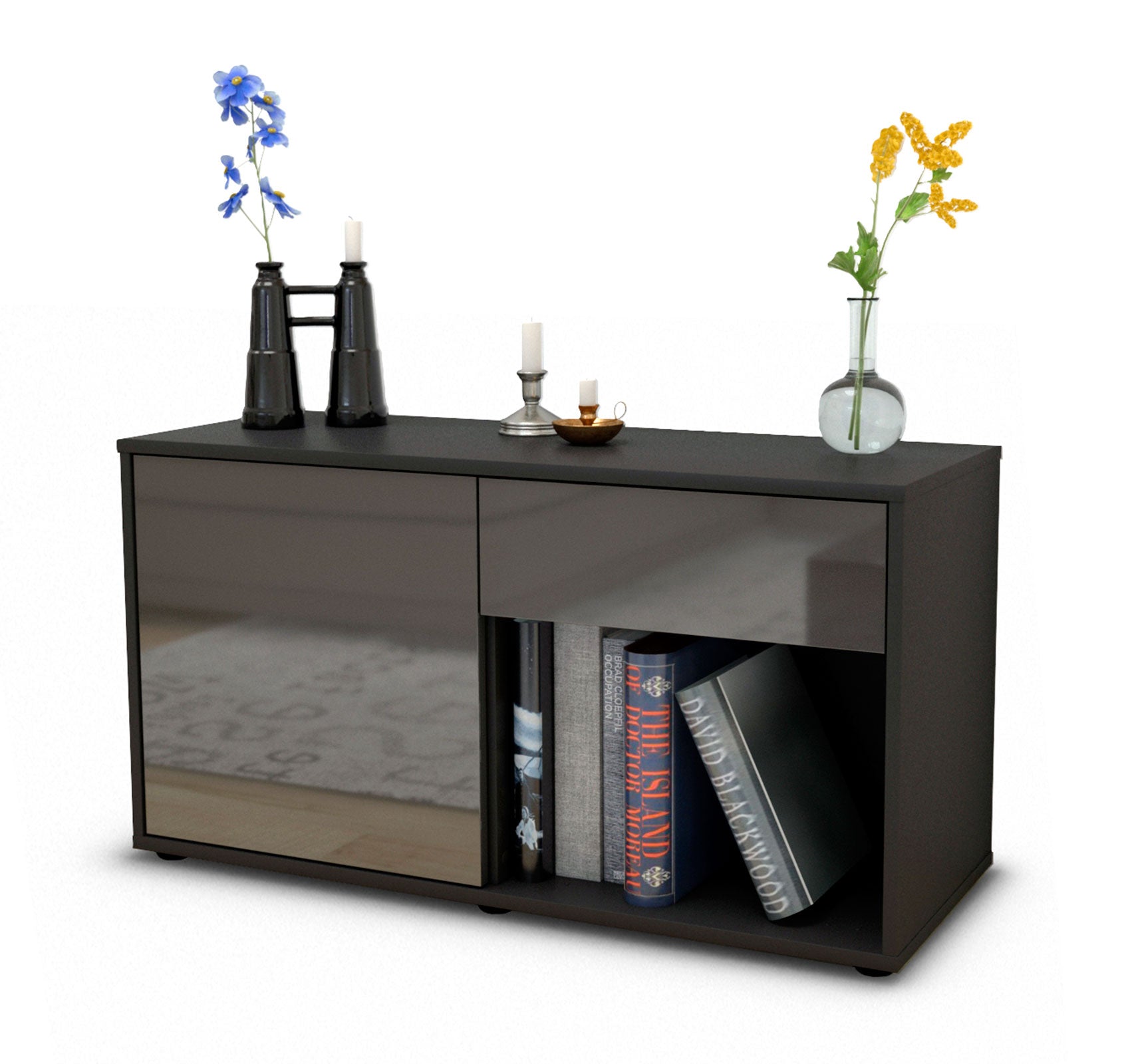 Lowboard - Alberina - Design Hochglanz - Freistehend mit Push to Open 92 cm Anthrazit