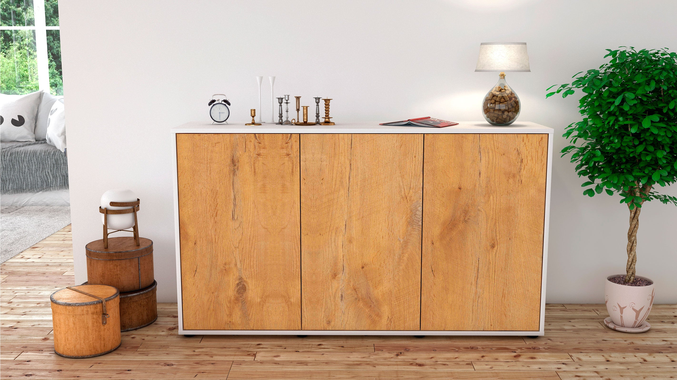 Sideboard - Delia - Design Holzdekor - Freistehend mit Push to Open 136 cm Weiss