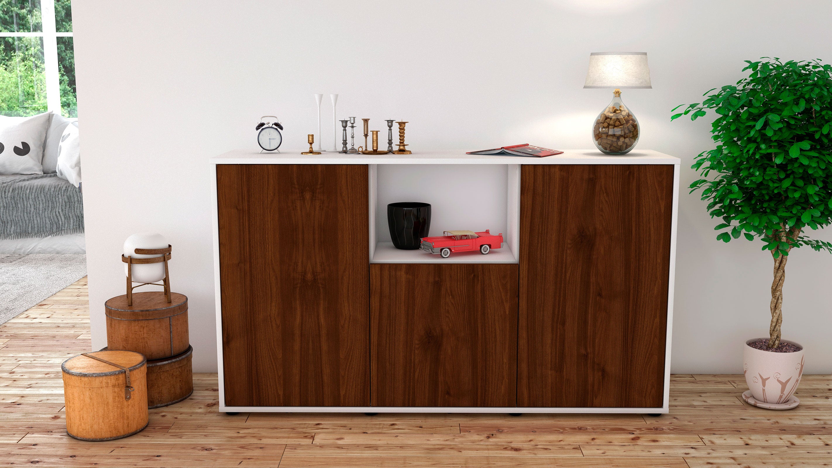 Sideboard - Demetria - Design Holzdekor - Freistehend mit Push to Open 136 cm Weiss