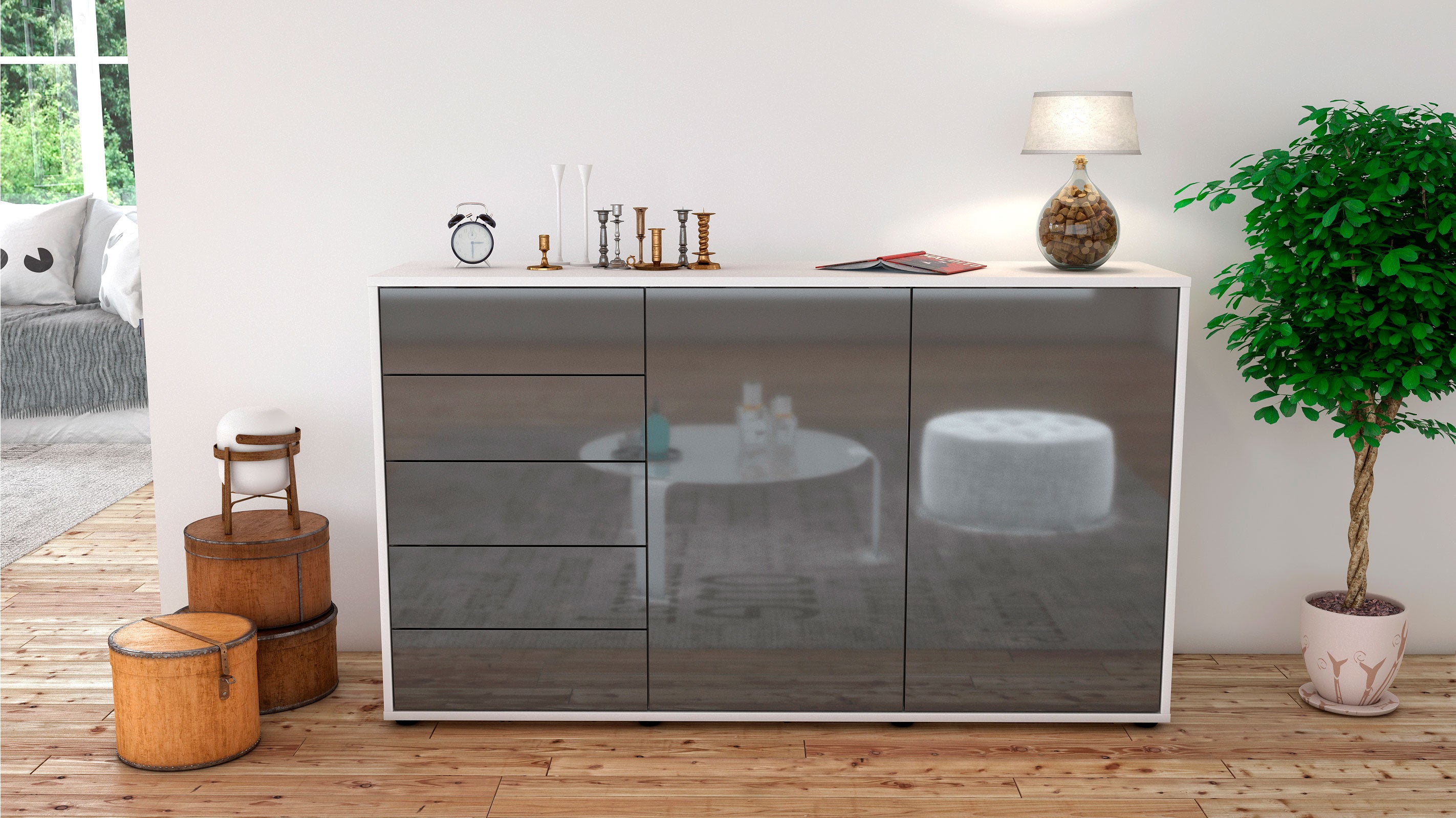 Sideboard - Dorentina - Design Hochglanz - Freistehend mit Push to Open 136 cm Weiss