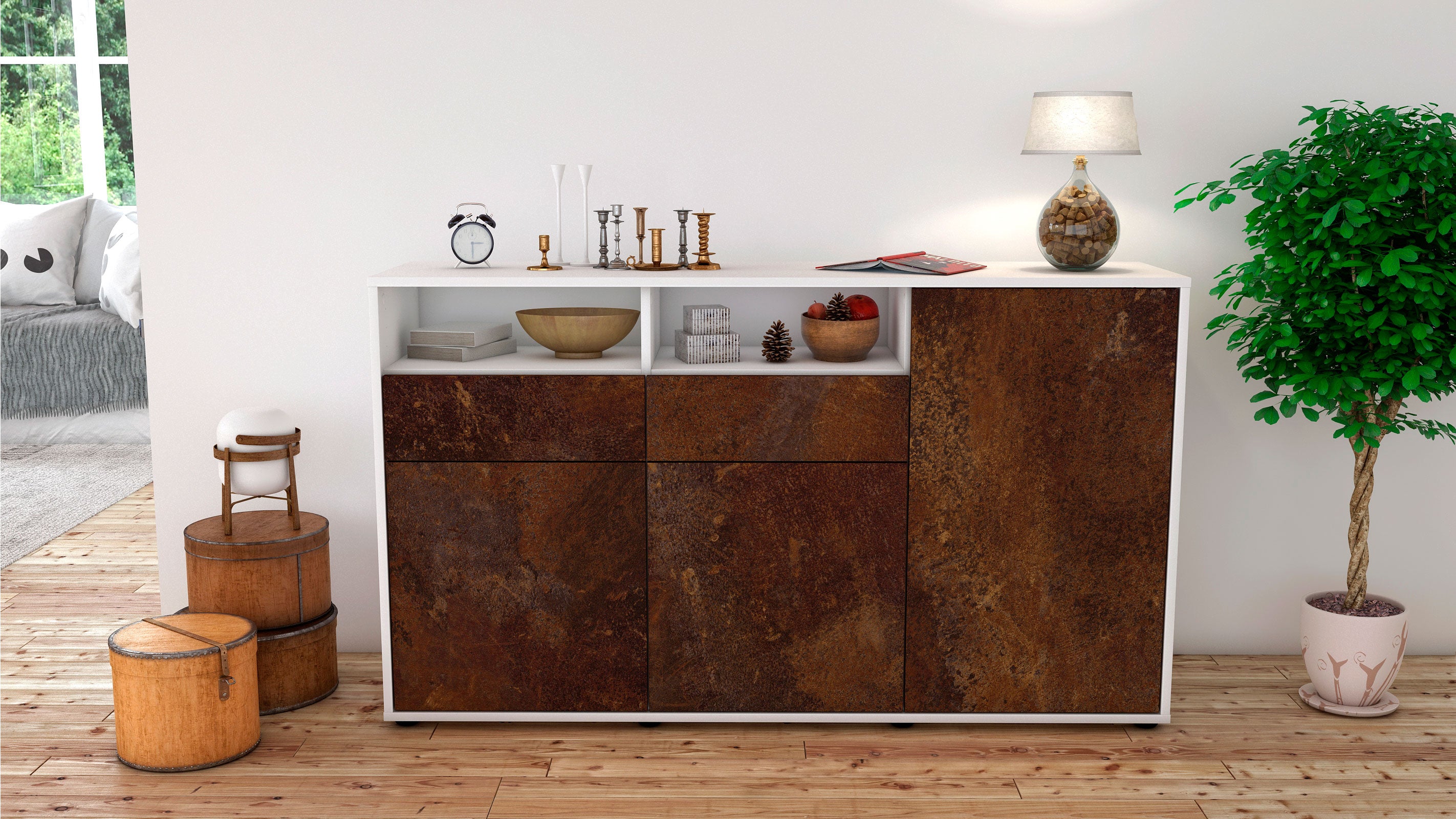 Sideboard - Editta - Design Industrie Stil - Freistehend mit Push to Open 136 cm Weiss