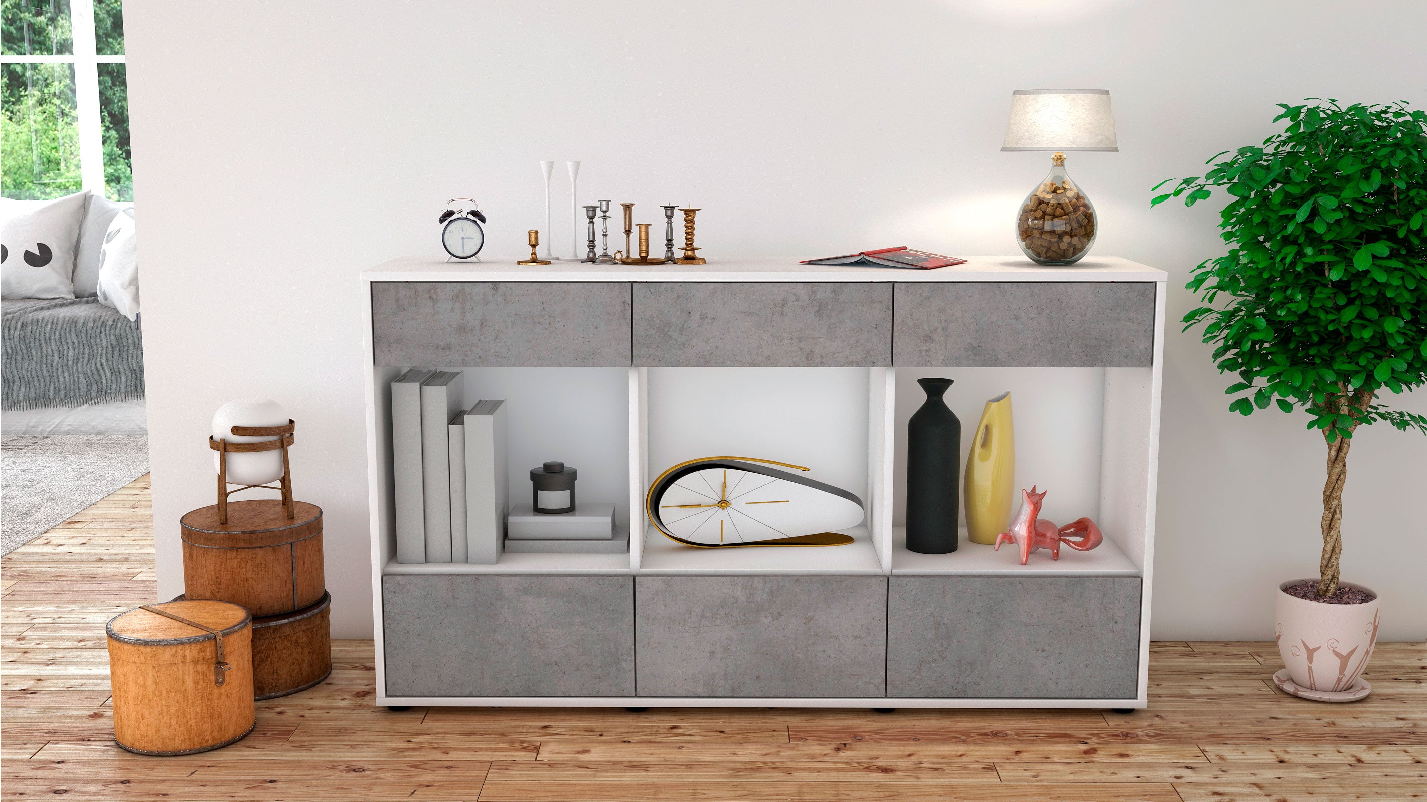 Sideboard - Efisia - Design Industrie Stil - Freistehend mit Push to Open 136 cm Weiss