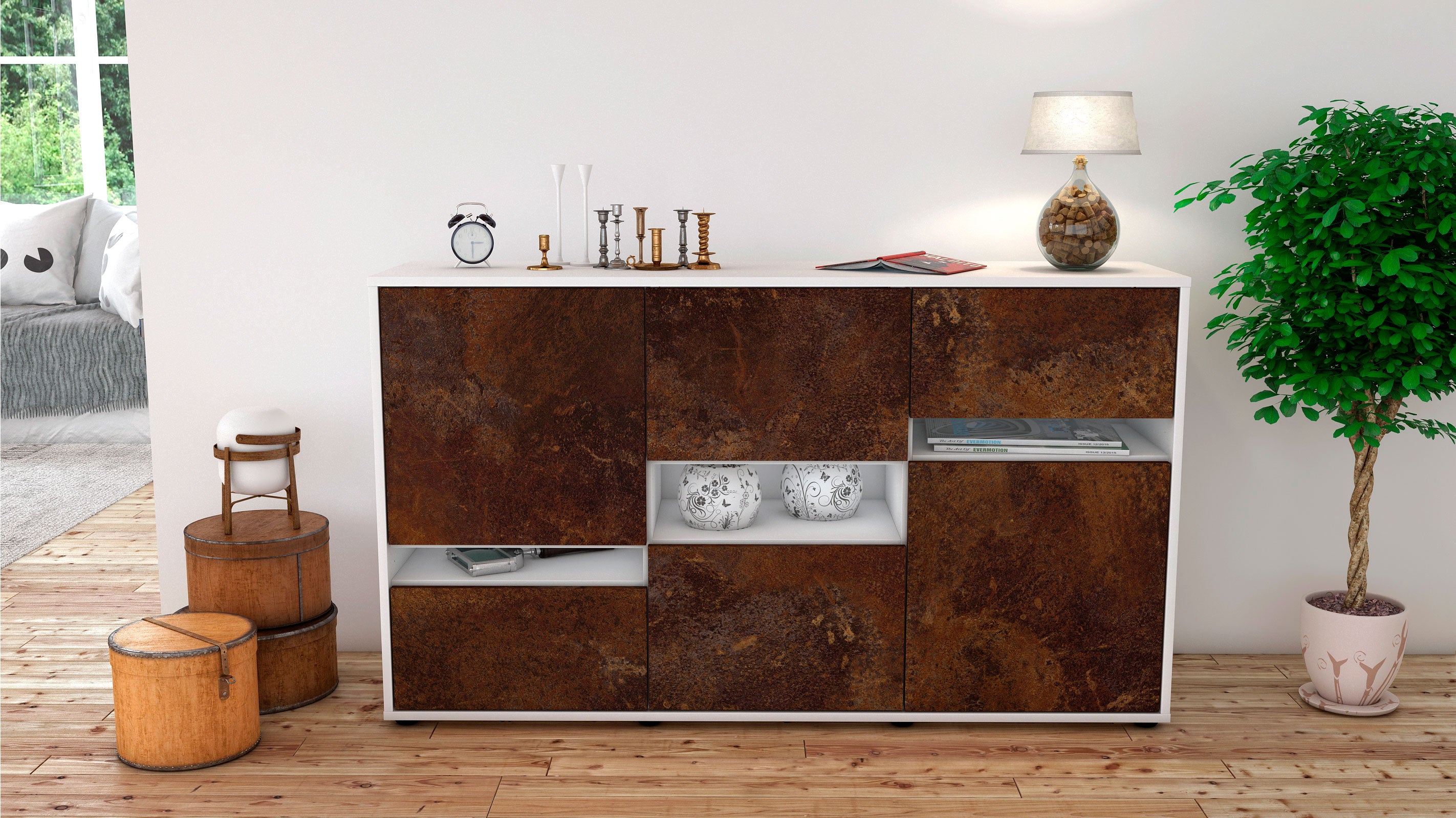 Sideboard - Egizia - Design Industrie Stil - Freistehend mit Push to Open 136 cm Weiss