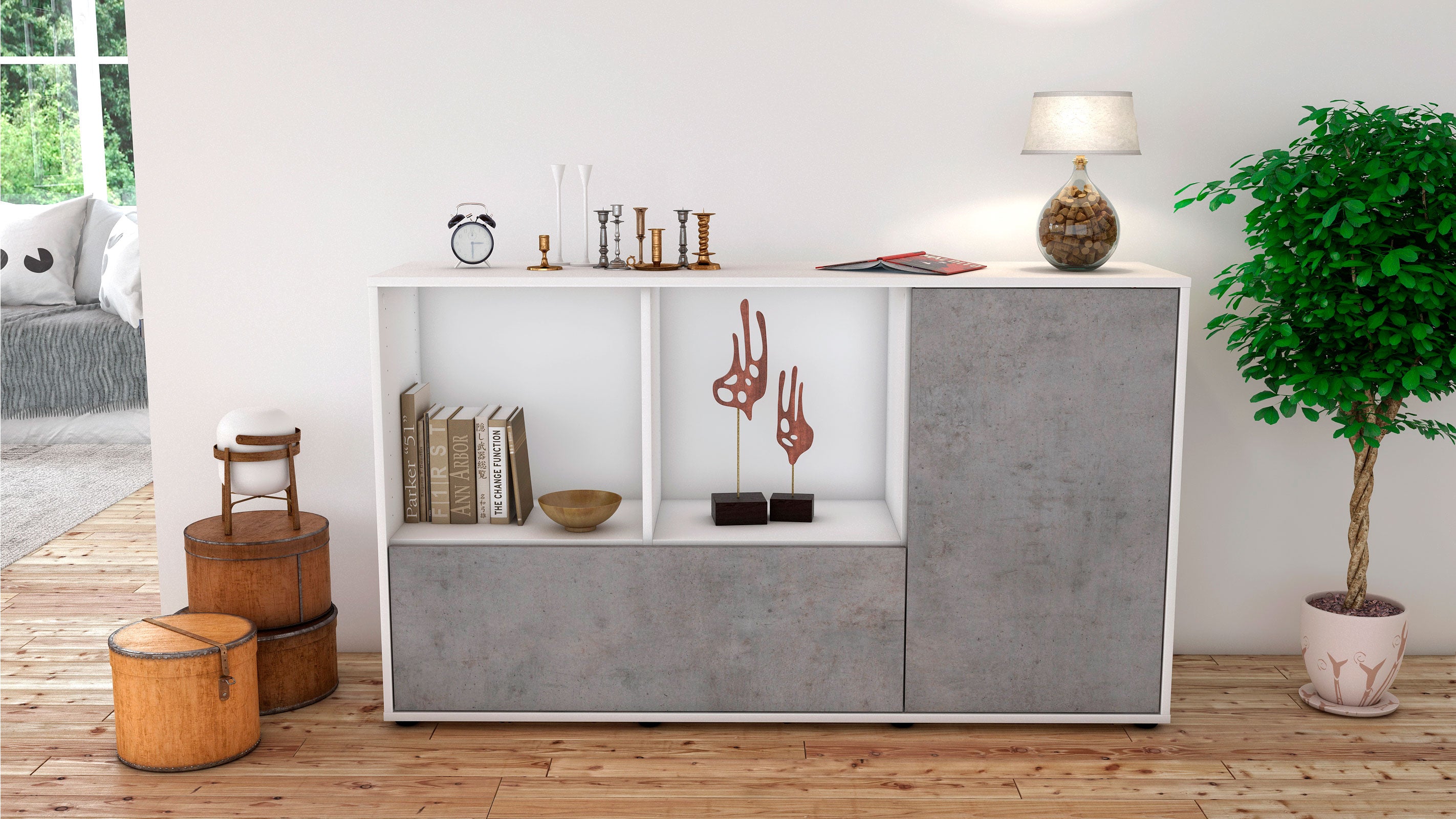 Sideboard - Ela - Design Industrie Stil - Freistehend mit Push to Open 136 cm Weiss