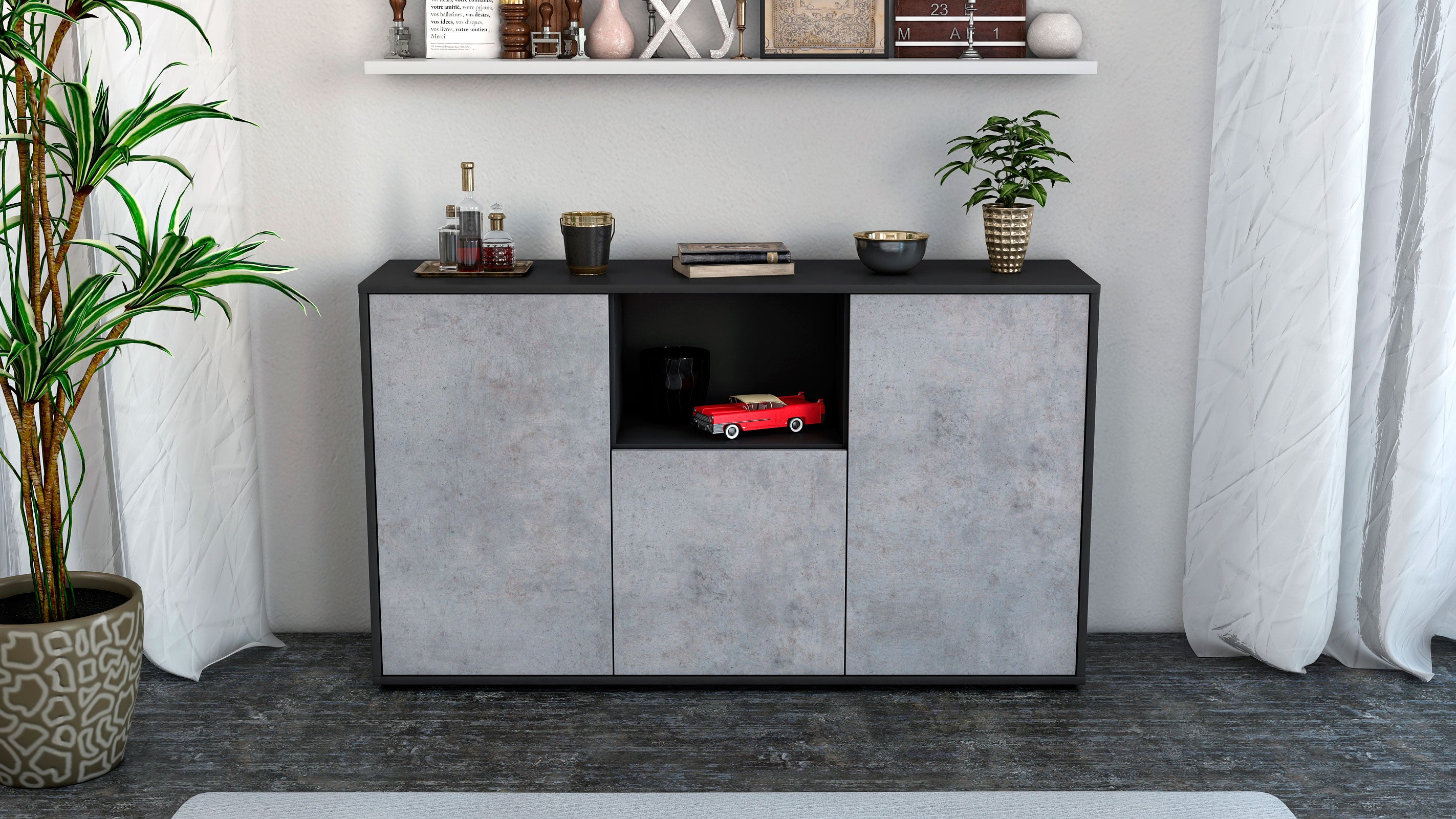 Sideboard - Demetria - Design Industrie Stil - Freistehend mit Push to Open 136 cm Anthrazit