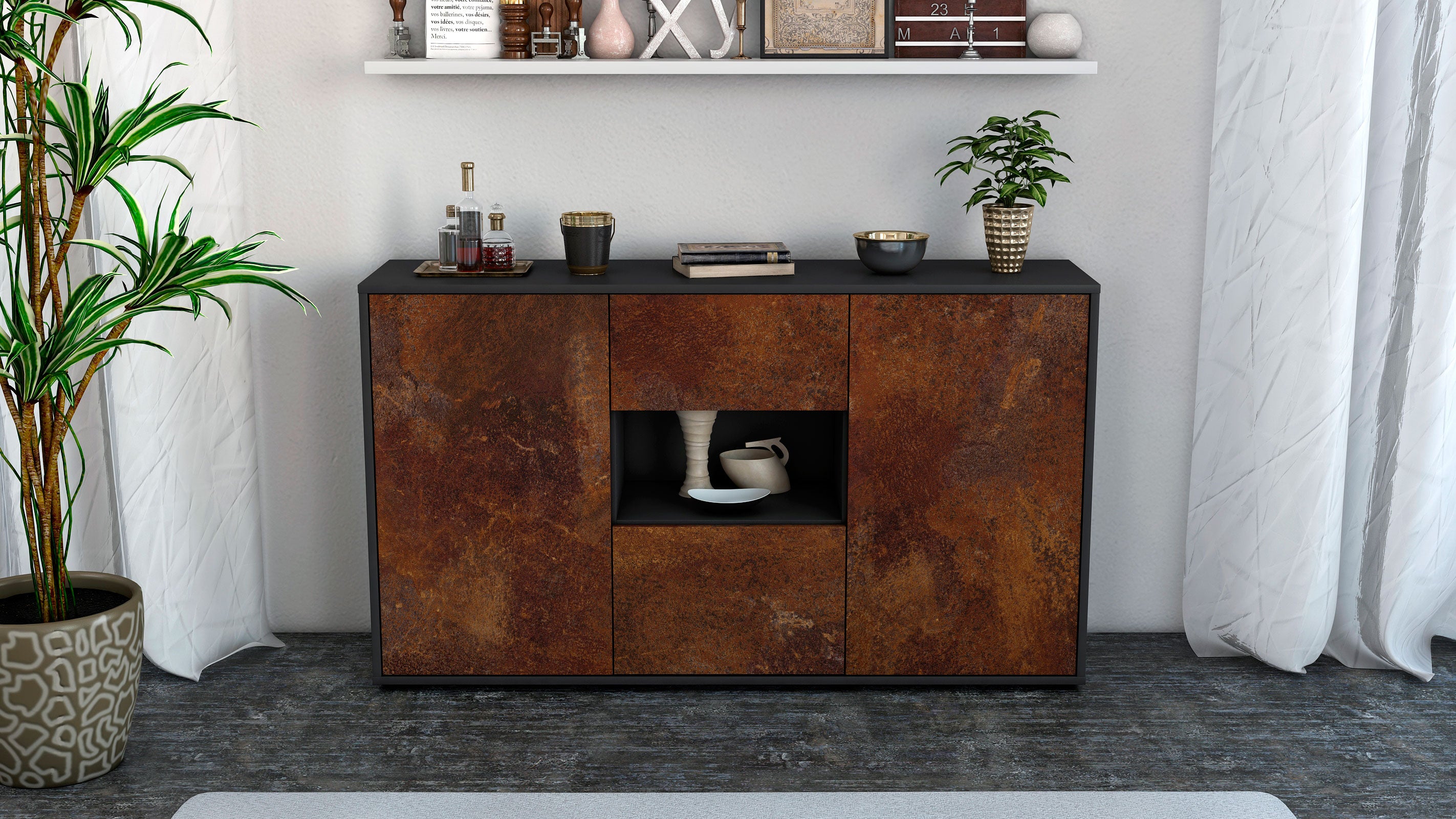 Sideboard - Denise - Design Industrie Stil - Freistehend mit Push to Open 136 cm Anthrazit