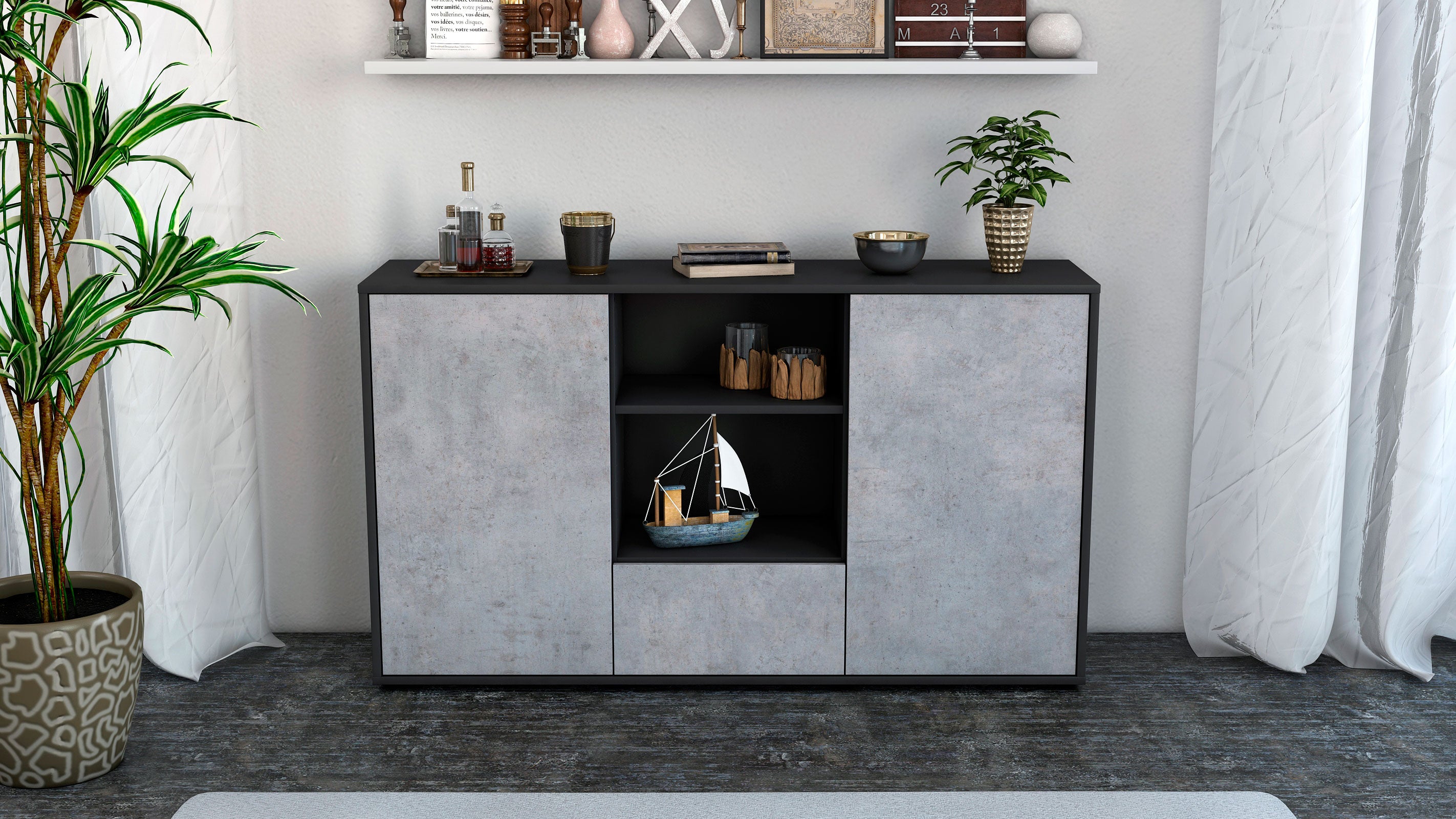 Sideboard - Desideria - Design Industrie Stil - Freistehend mit Push to Open 136 cm Anthrazit