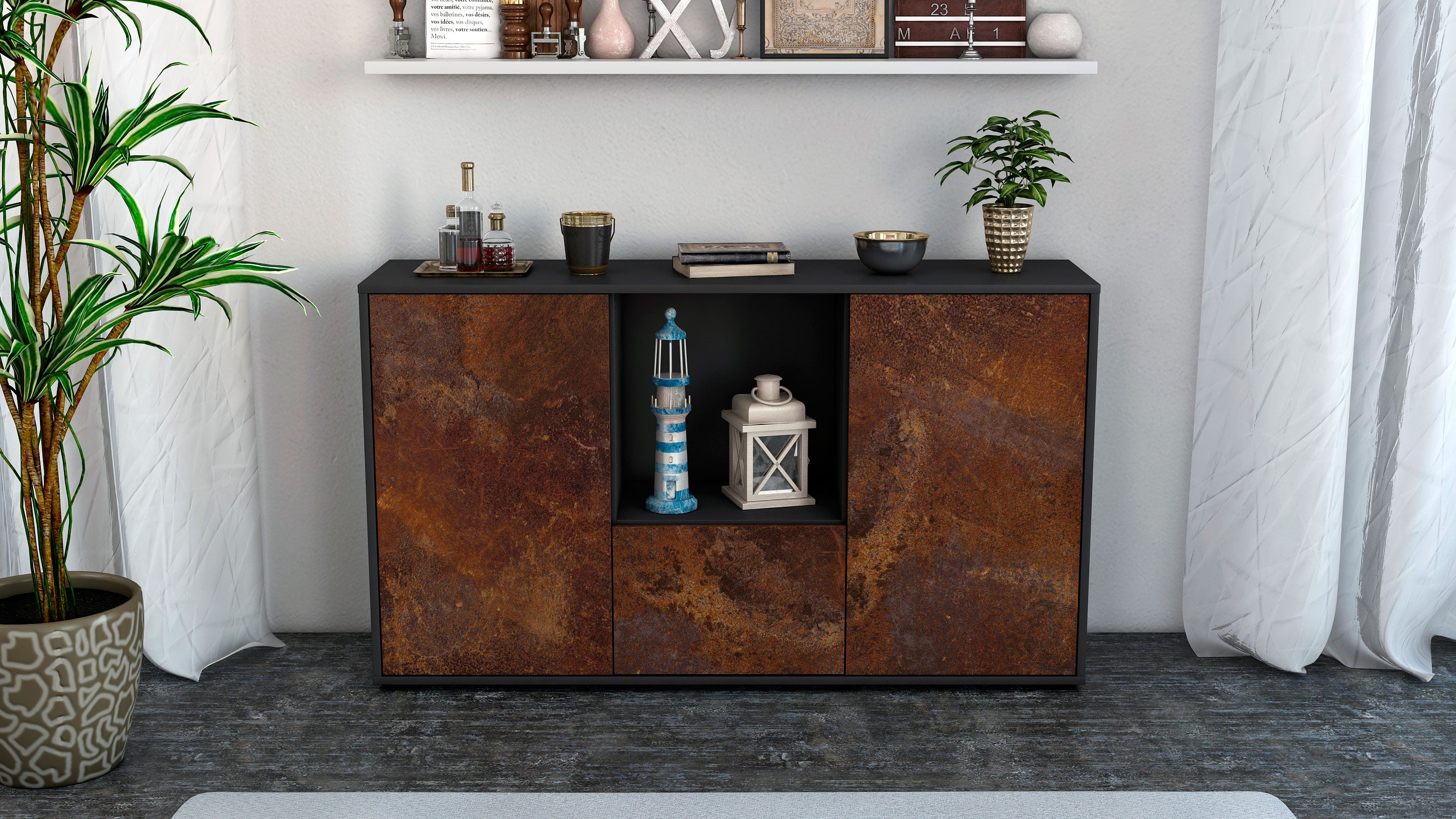 Sideboard - Dhonna - Design Industrie Stil - Freistehend mit Push to Open 136 cm Anthrazit