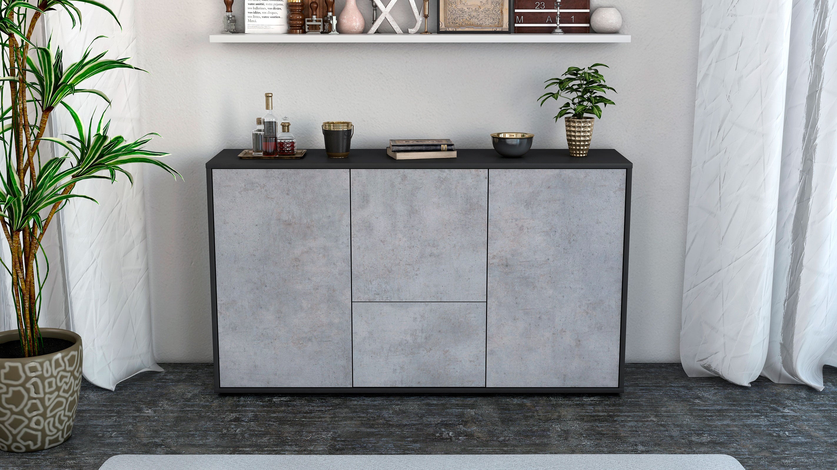 Sideboard - Diana - Design Industrie Stil - Freistehend mit Push to Open 136 cm Anthrazit