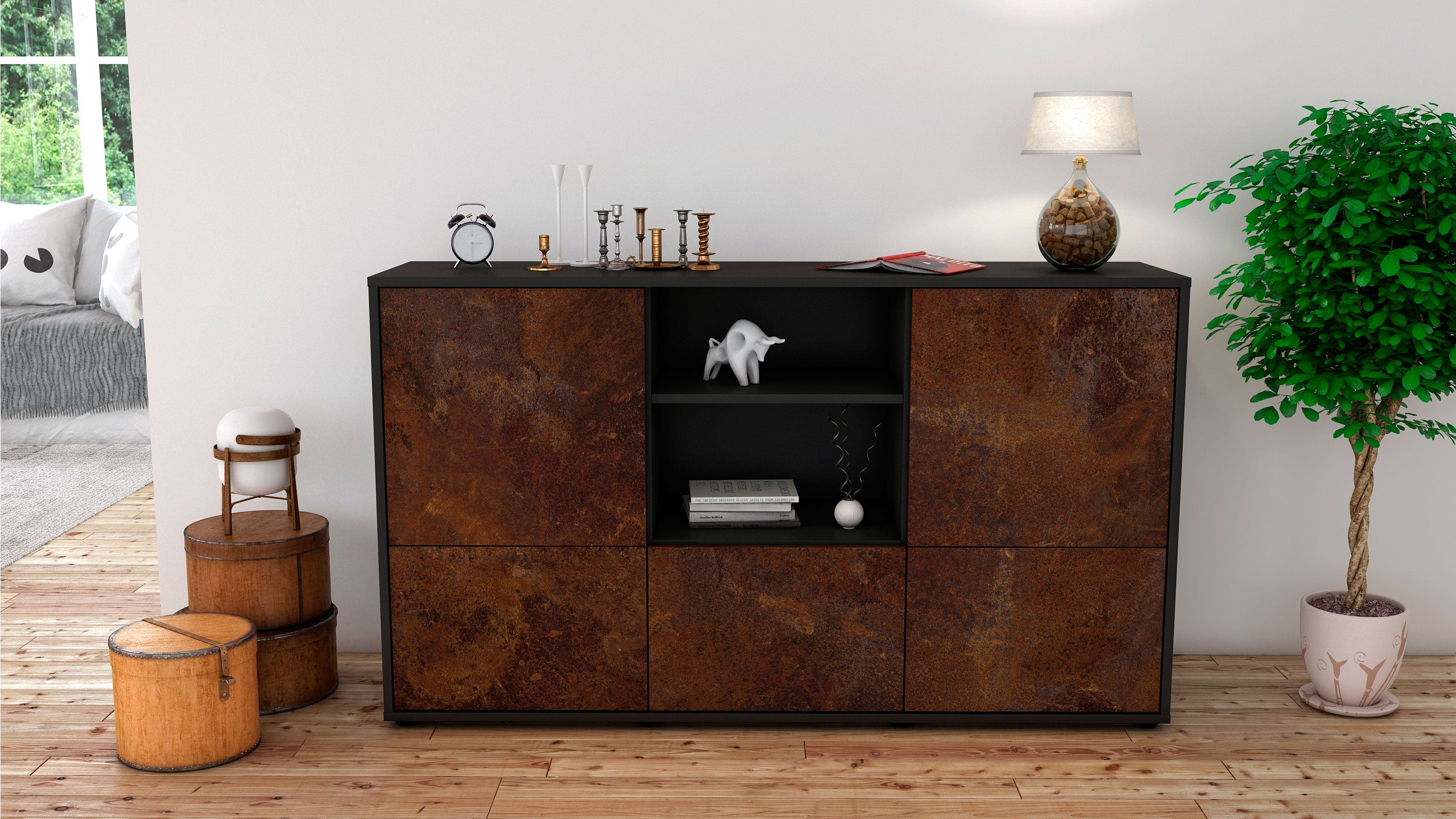 Sideboard - Diellza - Design Industrie Stil - Freistehend mit Push to Open 136 cm Anthrazit